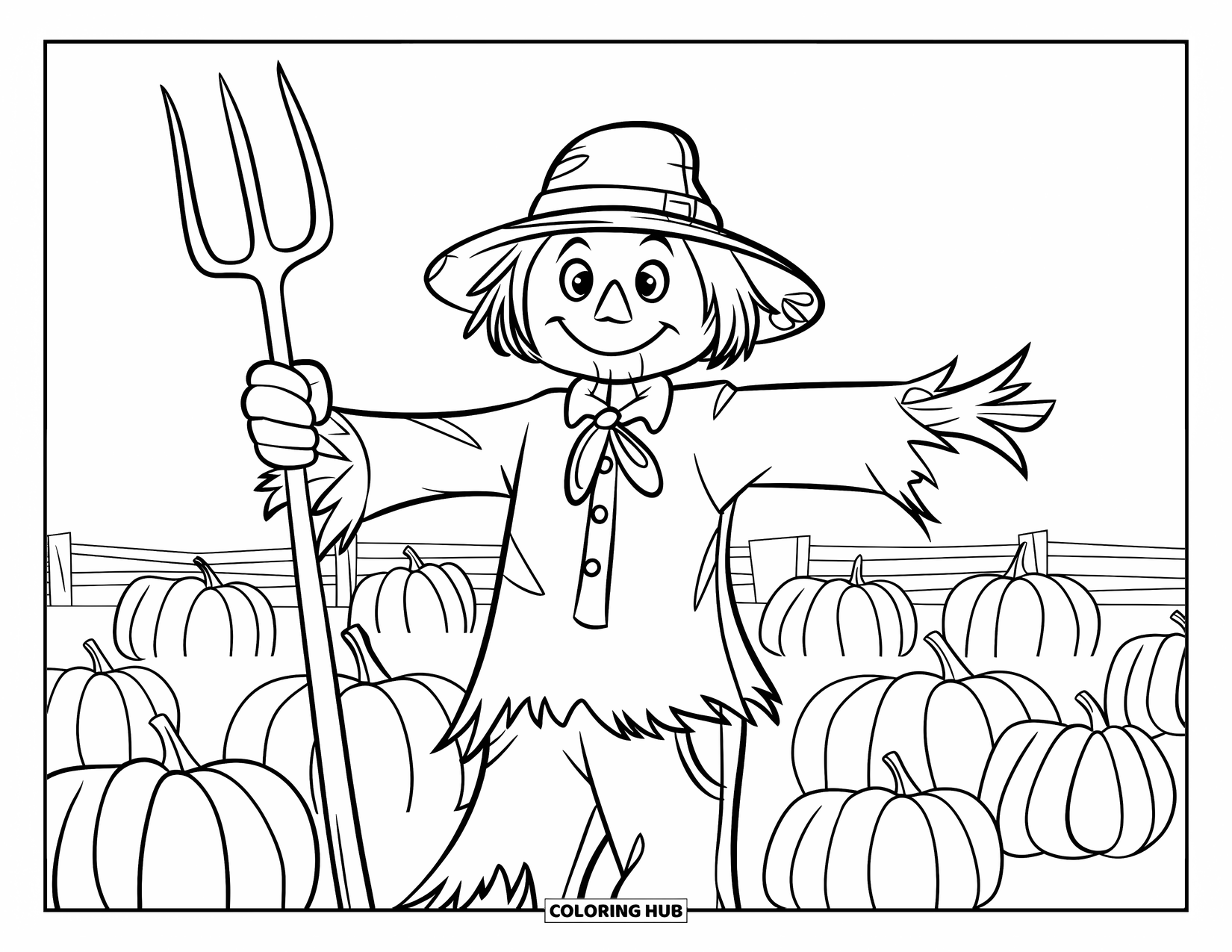 Kolorowanka na Halloween dla dzieci: Zniszczony strach na wróble z ręką z patyka stoi wysoko na rozległym polu pełnym dyń