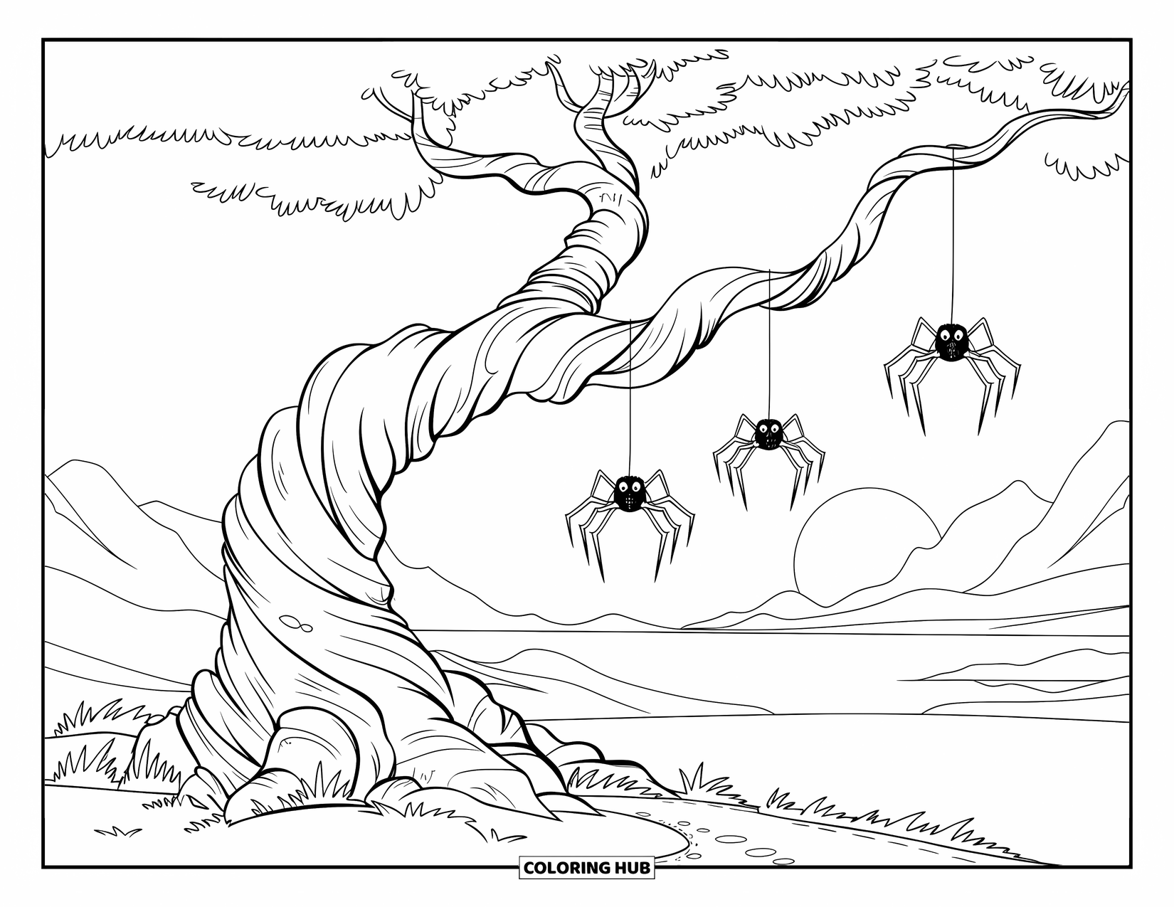 Kolorowanka na Halloween dla dzieci: Zwietrzałe drzewo z teksturowaną korą i trzema wiszącymi pająkami rośnie ze skalistego krajobrazu