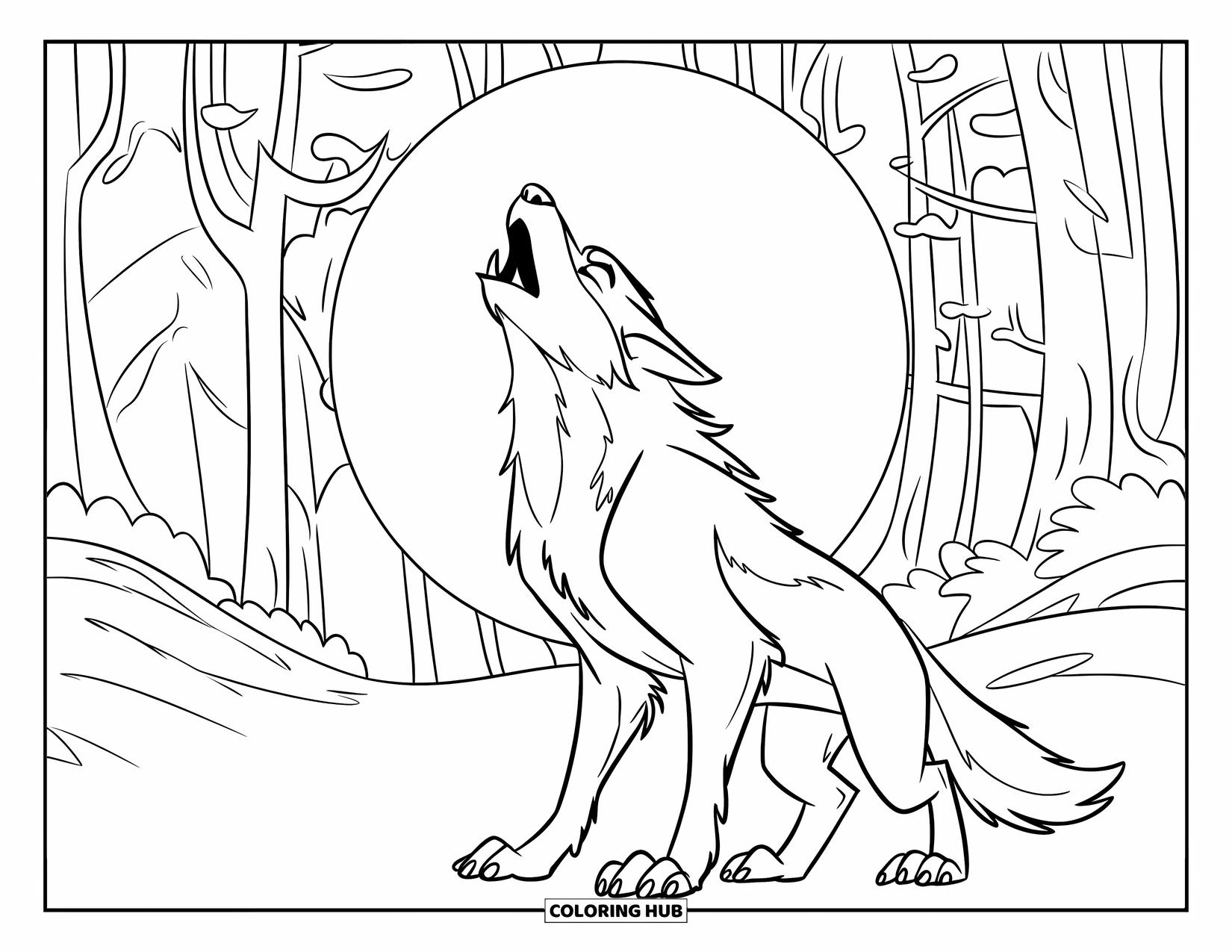 Kolorowanka na Halloween dla dzieci: Wilkołak wyje do księżyca, stojąc na skalistym wzgórzu