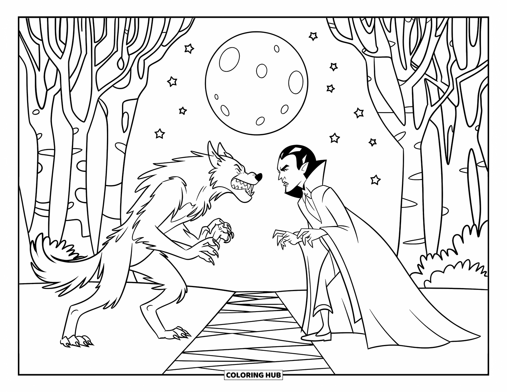 Kolorowanka na Halloween dla dzieci: Wilkołak z ostrymi pazurami i wampir w sukni konfrontują się ze sobą pod gwiazdami