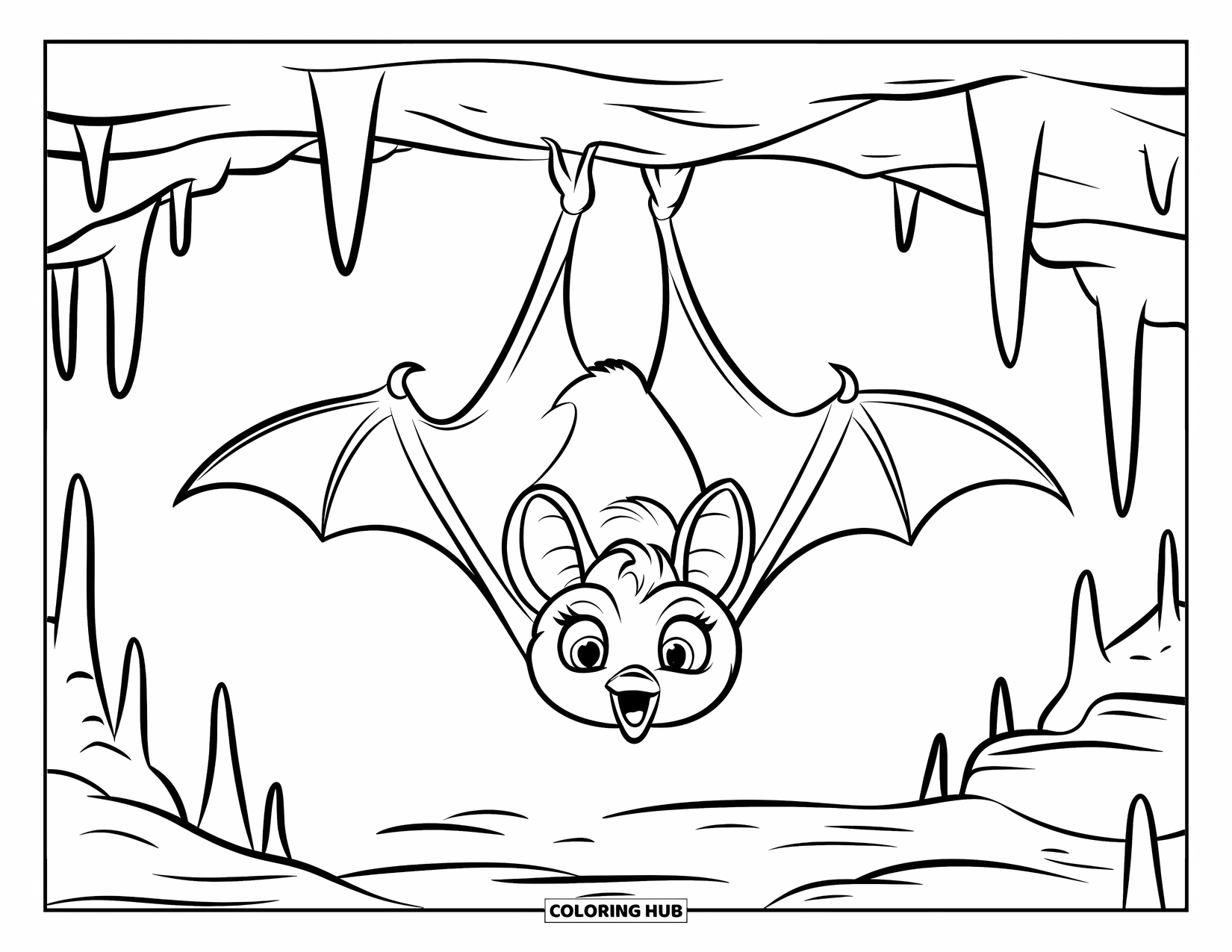 Kolorowanka na Halloween dla dzieci: Nietoperz z szeroko otwartymi oczami wisi do góry nogami na suficie jaskini, otoczony ostrymi stalaktytami