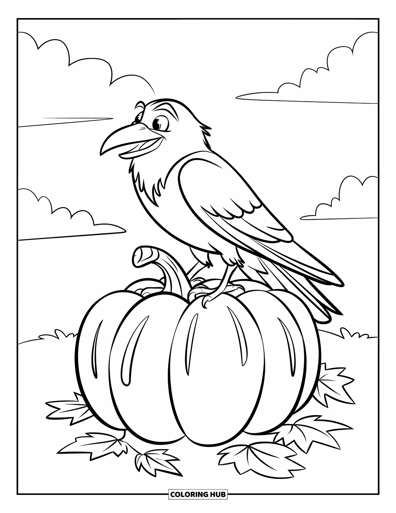 Kolorowanka na Halloween dla dzieci: Nietoperz z szeroko otwartymi oczami siedzi na dyni, otoczony opadłymi jesiennymi liśćmi