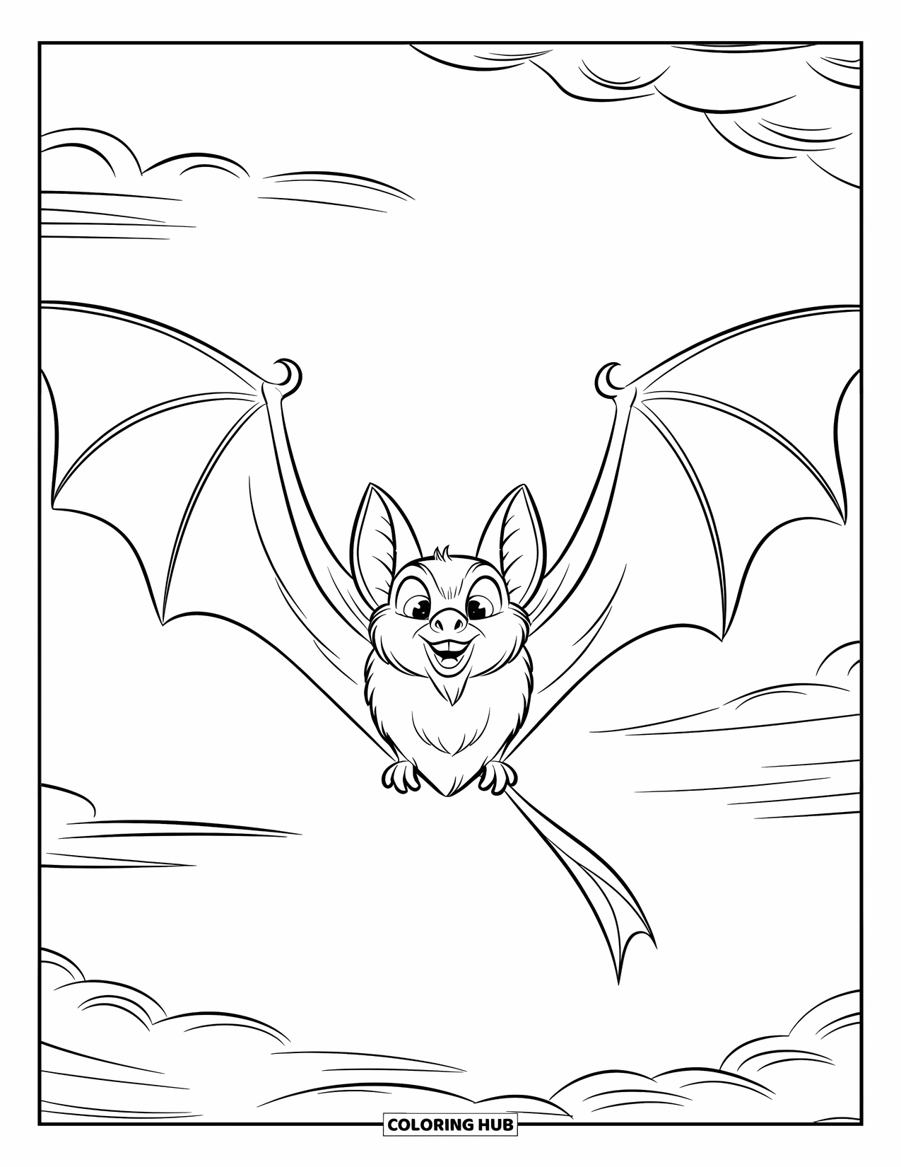 Kolorowanka na Halloween dla dzieci: Szerokoskrzydły nietoperz z zakrzywionym ogonem leci do przodu pod niebem z rozproszonymi chmurami