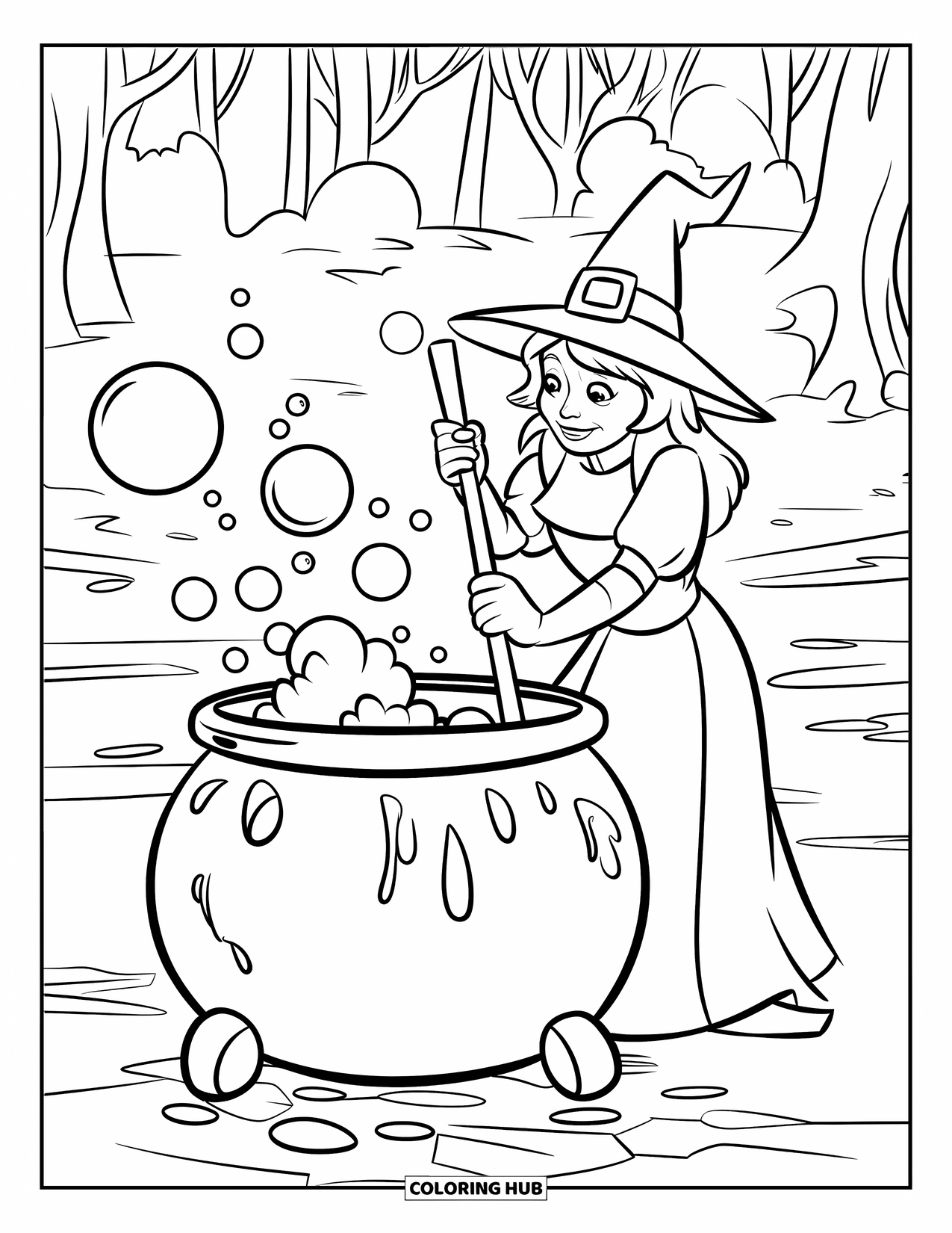 Kolorowanka na Halloween dla dzieci: Czarownica w spiczastym kapeluszu miesza bulgoczący kocioł w środku ciemnego lasu