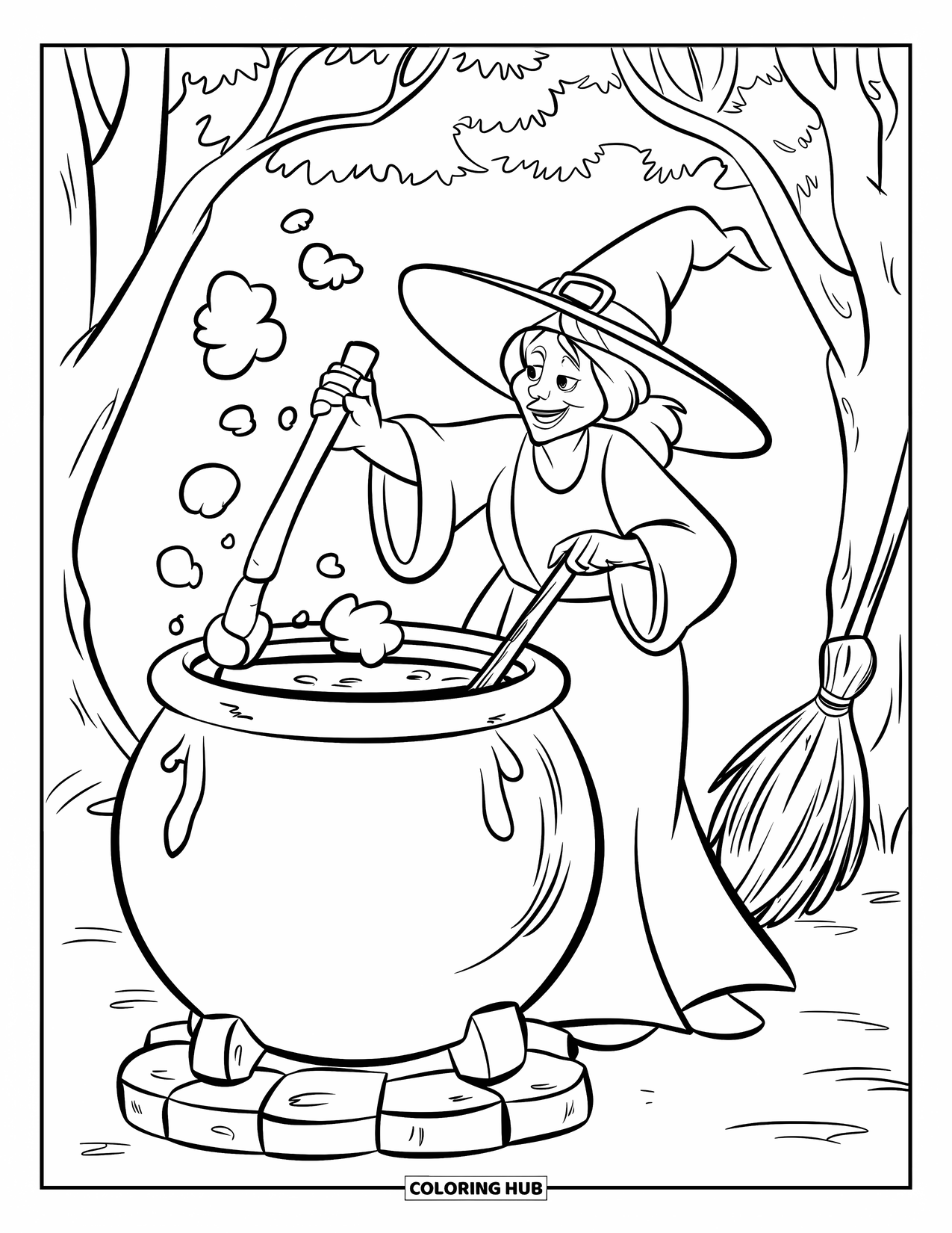 Kolorowanka na Halloween dla dzieci: Czarownica z miotłą w pobliżu miesza eliksir w swoim kotle głęboko w lesie