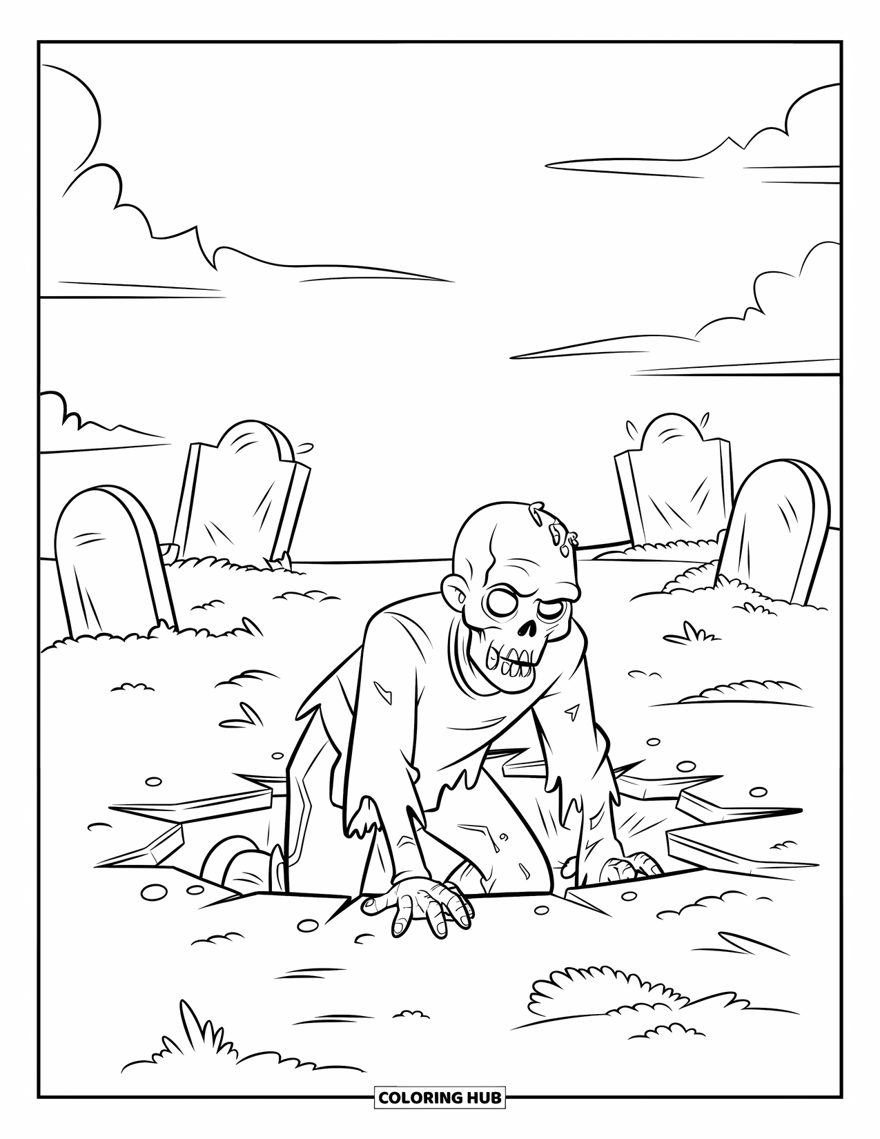 Kolorowanka na Halloween dla dzieci: Zombie w podartych ubraniach wyczołguje się ze zniszczonego grobu na mglistym cmentarzu