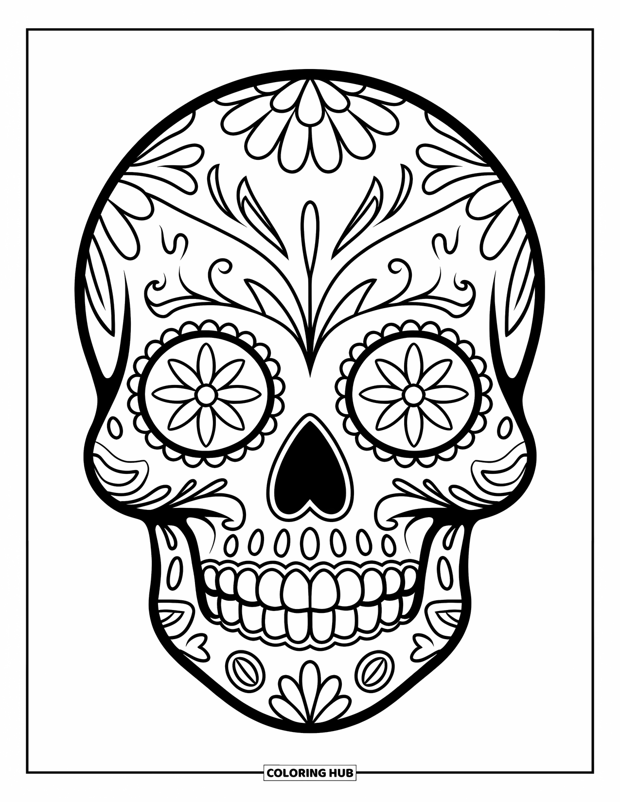 Kolorowanka na Halloween dla dzieci: Misternie zaprojektowana cukrowa czaszka jest otoczona gotyckimi wzorami kwiatowymi