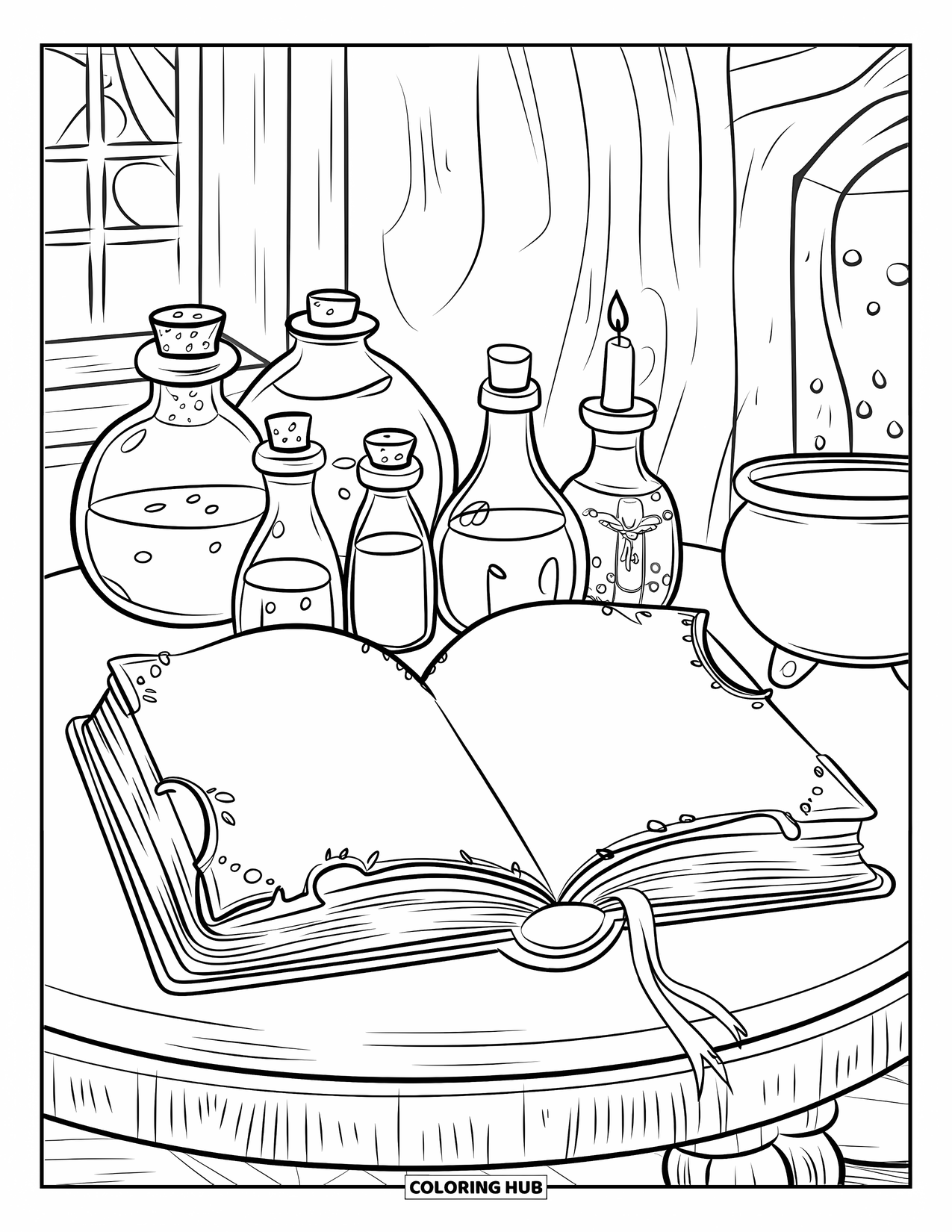 Kolorowanka na Halloween dla dzieci: Stara księga zaklęć jest otwarta na stole, a w pobliżu stoją fiolki z tajemniczymi eliksirami