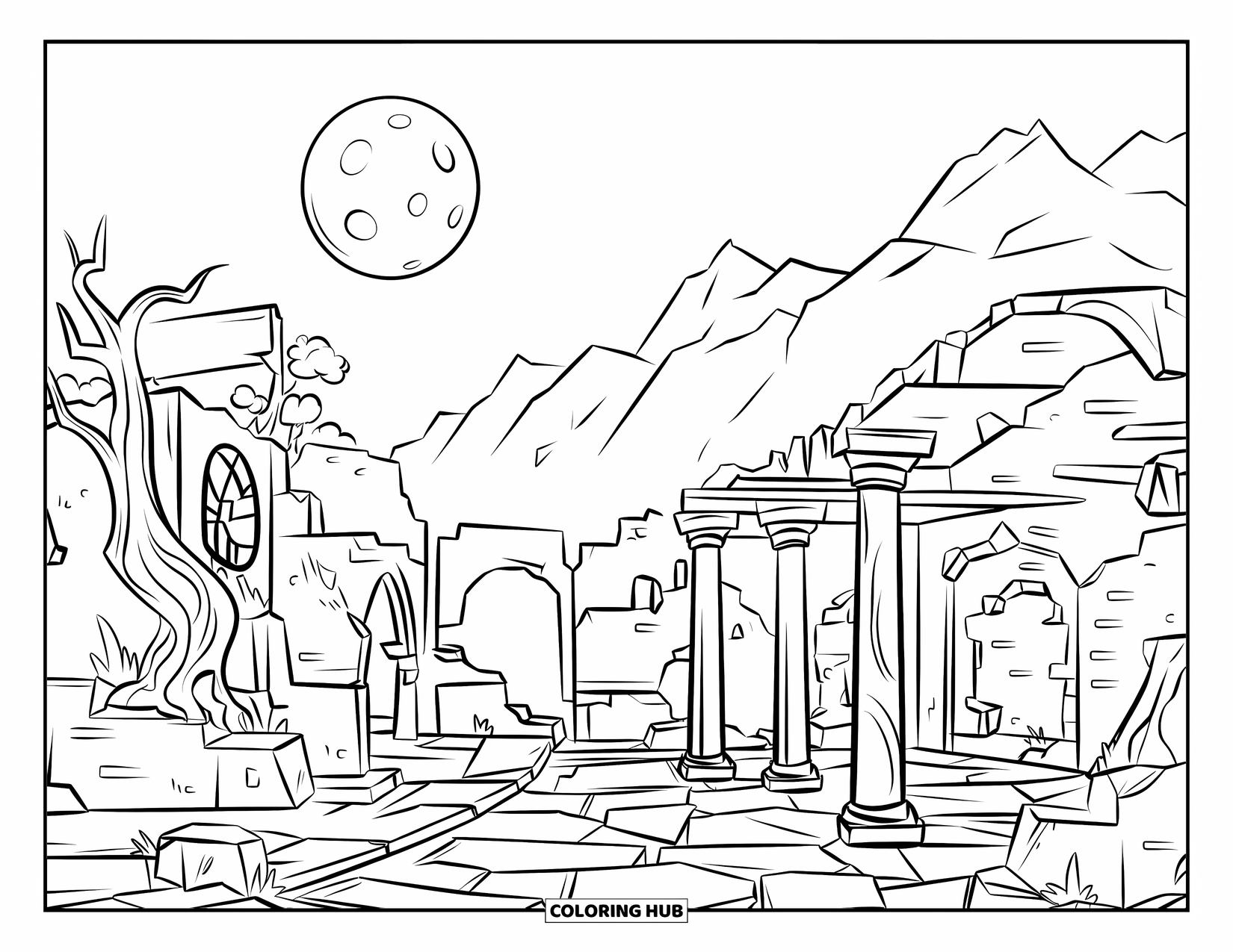 Kolorowanka na Halloween dla dzieci: Pełnia księżyca rzuca upiorne cienie na zrujnowaną wioskę z rozpadającymi się budynkami i pokręconymi drzewami