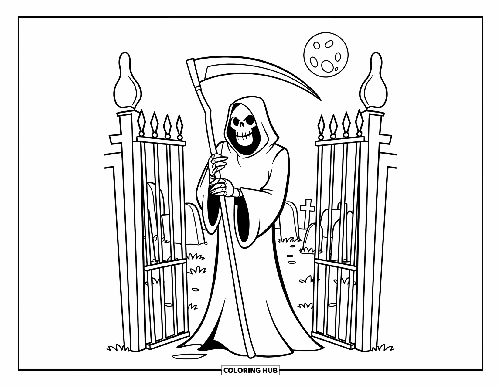 Kolorowanka na Halloween dla dzieci: Ponury Żniwiarz stoi u bram upiornego cmentarza, trzymając ostrą kosę