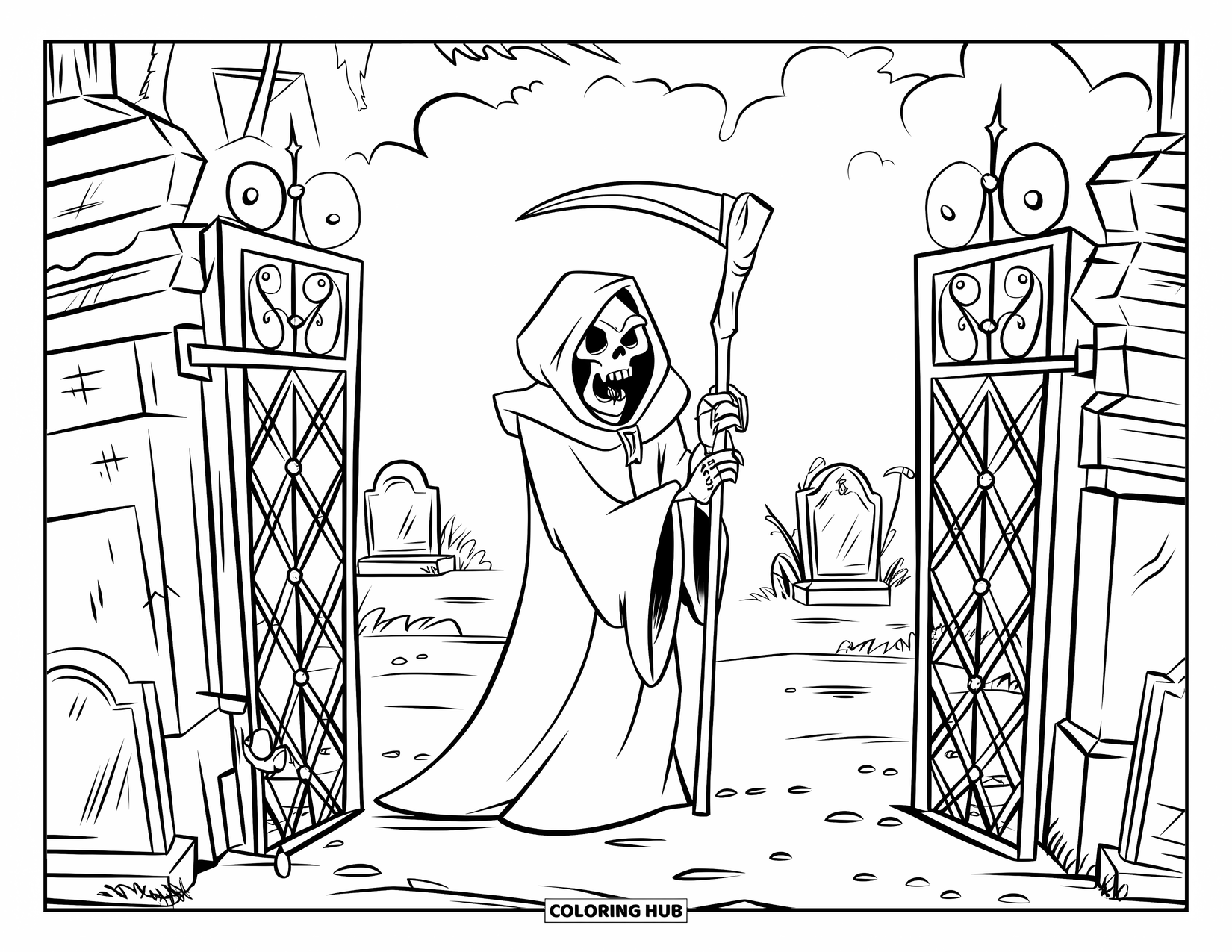 Kolorowanka na Halloween dla dzieci: Ponury Żniwiarz, ubrany w wysoki kapelusz i długą szatę, stoi przy starej bramie cmentarza