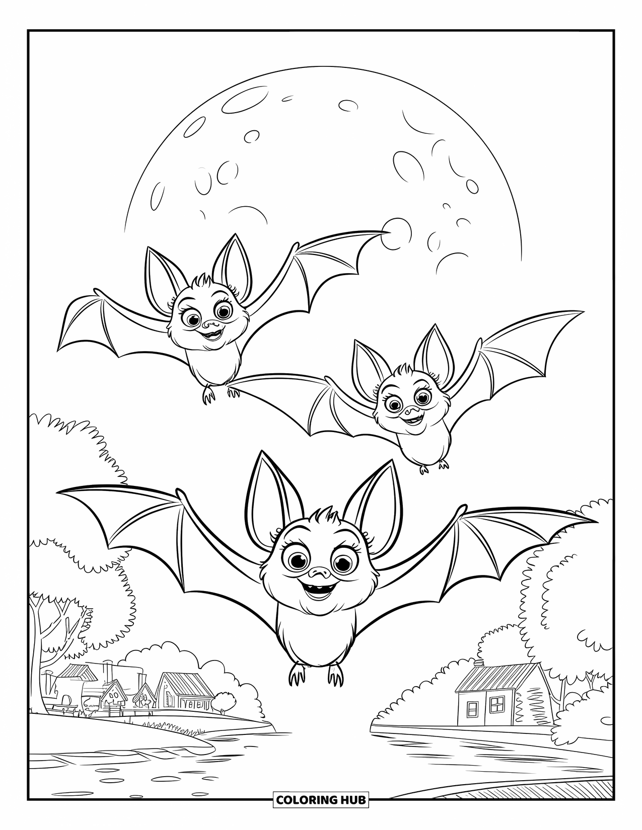 Kolorowanka na Halloween dla dzieci: Trzy trzepoczące nietoperze krążą wokół jasnej pełni księżyca w nieruchomym nocnym powietrzu