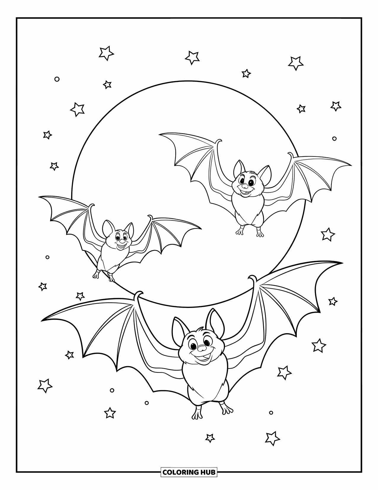 Kolorowanka na Halloween dla dzieci: Trzy małe nietoperze lecą w kierunku świecącego księżyca w pełni na rozgwieżdżonym nocnym niebie