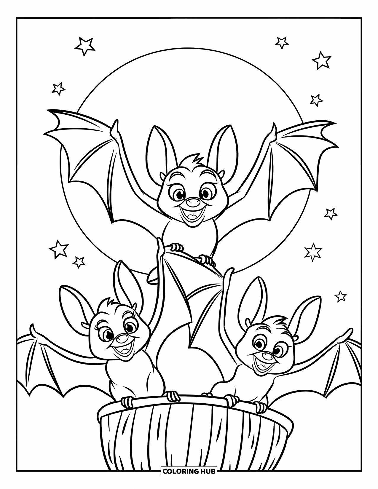 Kolorowanka na Halloween dla dzieci: Trzy małe nietoperze z szerokimi oczami lecą w kierunku księżyca, niosąc mały koszyk