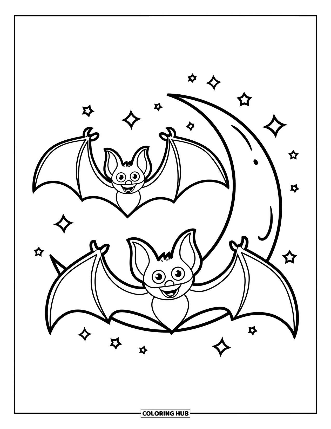 Kolorowanka na Halloween dla dzieci: Dwa nietoperze trzepoczą wokół sierpa księżyca, ich skrzydła szeroko rozpostarte na tle rozgwieżdżonego nieba