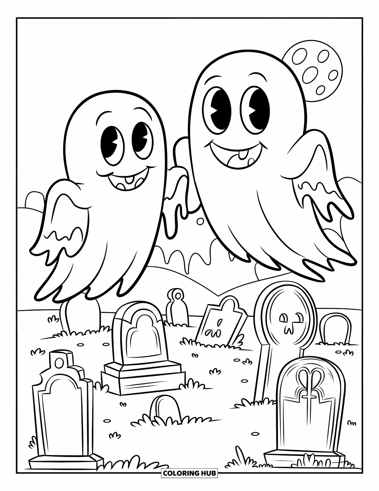 Kolorowanka na Halloween dla dzieci: Dwa uśmiechnięte duchy unoszą się nad nagrobkami pod ciemnym niebem z rozproszonymi gwiazdami