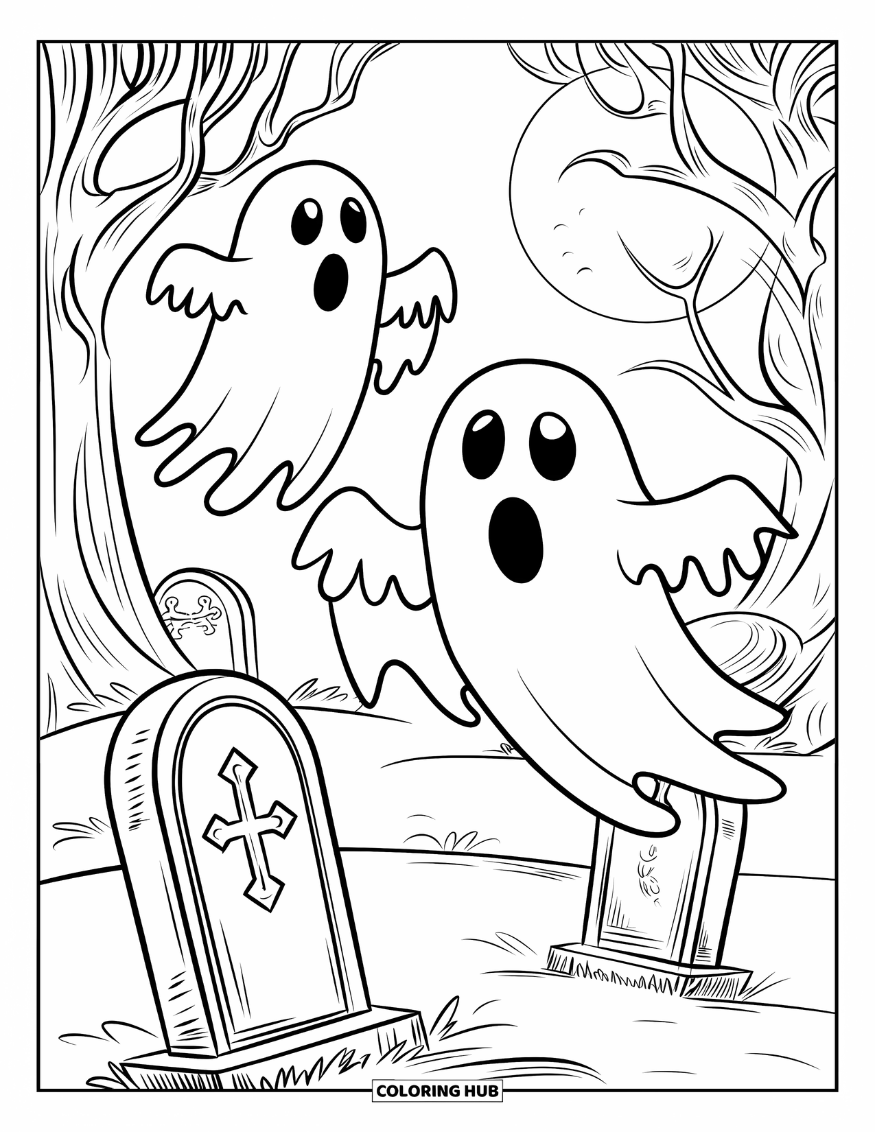 Kolorowanka na Halloween dla dzieci: Dwa figlarne duchy unoszą się nad upiornym cmentarzem pełnym popękanych nagrobków