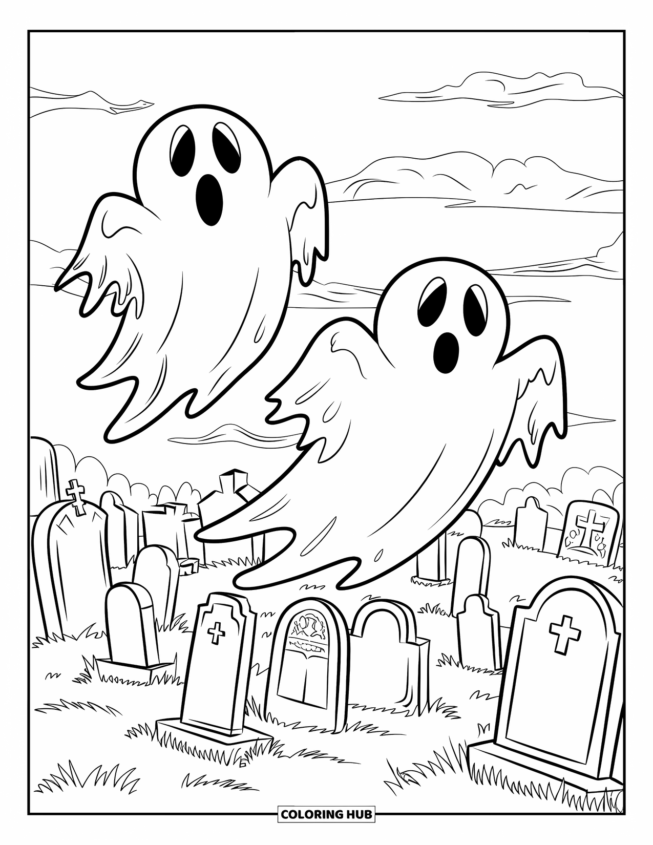 Kolorowanka na Halloween dla dzieci: Dwa duchy z okrągłymi oczami unoszą się przez cmentarz, a ich podarte ubrania powiewają