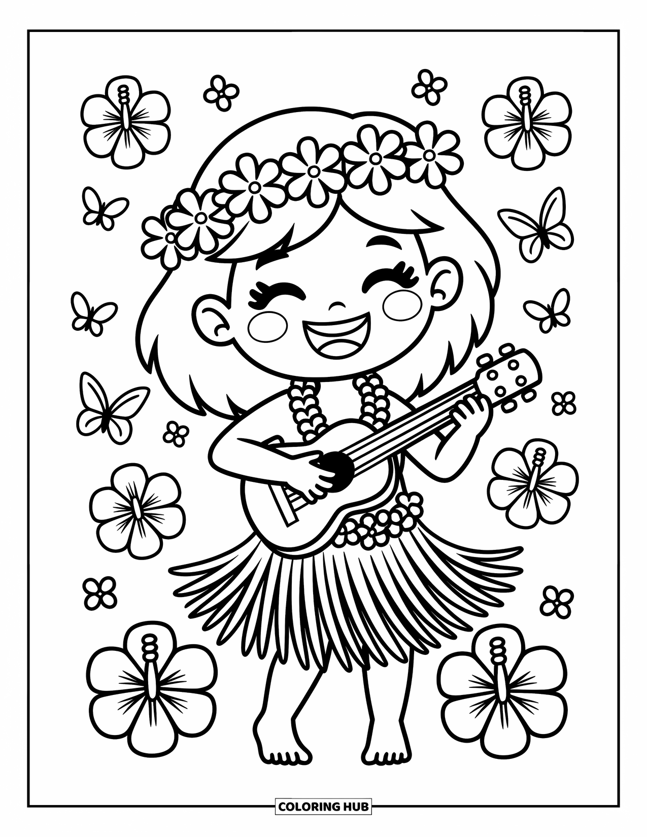 Hawaiiaanse kleurplaat voor volwassenen: Een vrolijk meisje met een ukelele, bloemenkrans en hibiscusbloemen