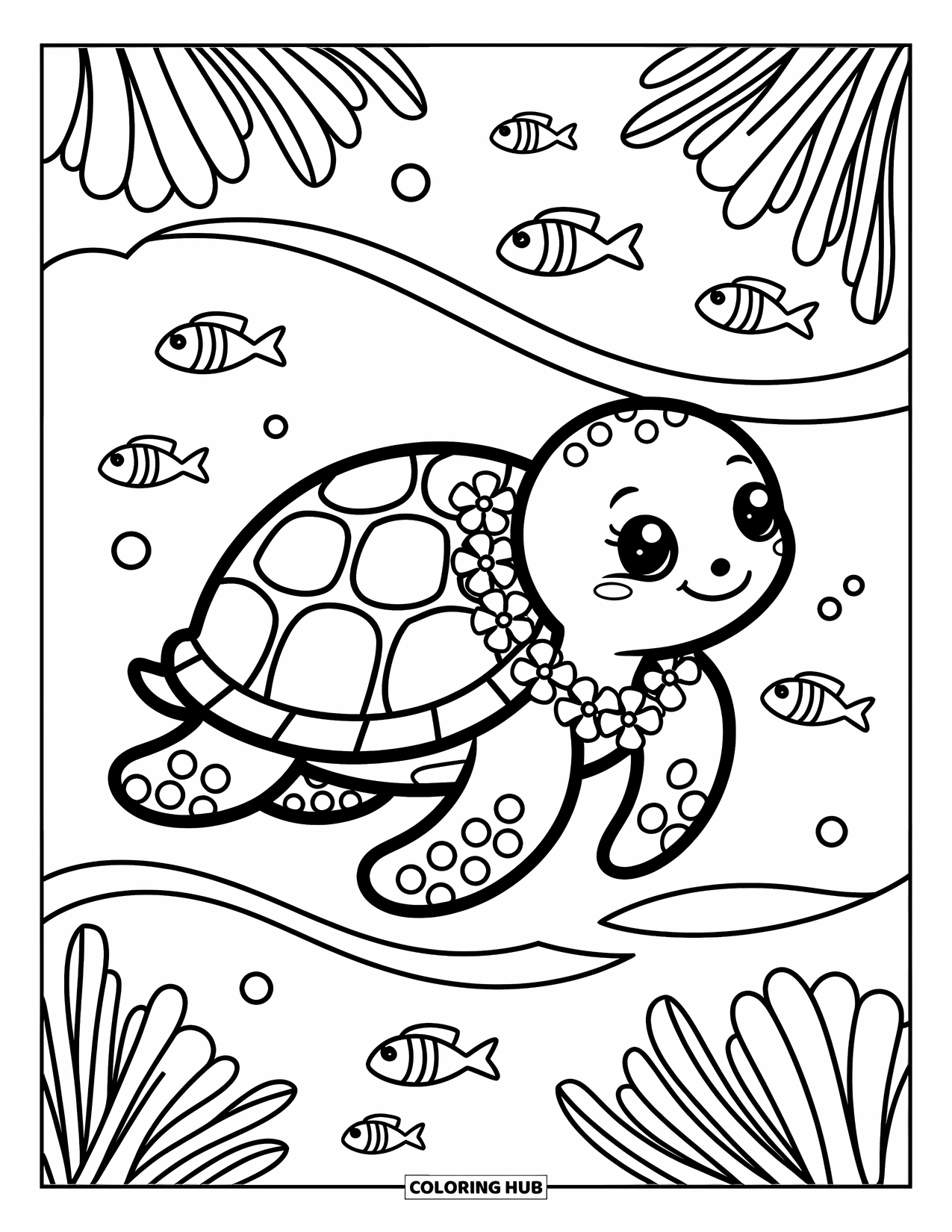 Hawaiiaanse kleurplaat voor volwassenen: Een schattige zeeschildpad die een bloemenlei draagt in de oceaan