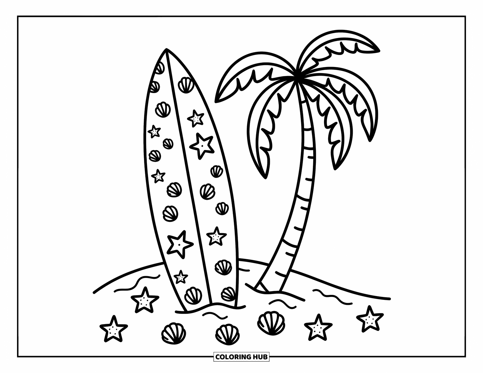 Hawaiiaanse kleurplaat voor volwassenen: Een schattige surfplank met Hawaiiaanse patronen en schelpen in de buurt