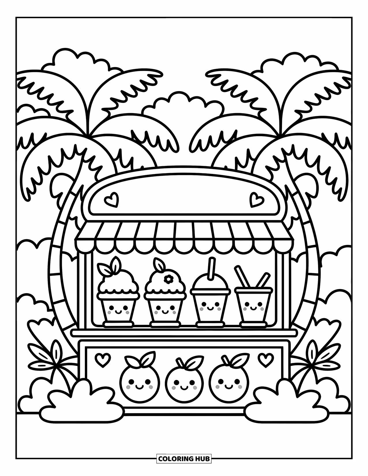 Hawaiiaanse kleurplaat voor volwassenen: Een eetkraam met geschaafd ijs en glimlachende fruitfiguren