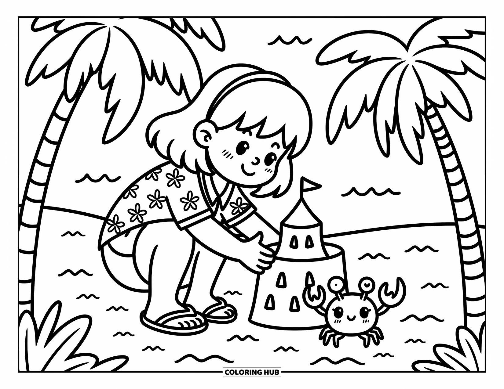 Hawaiiaanse kleurplaat voor volwassenen: Een meisje dat een zandkasteel bouwt terwijl een krab een schelp vasthoudt