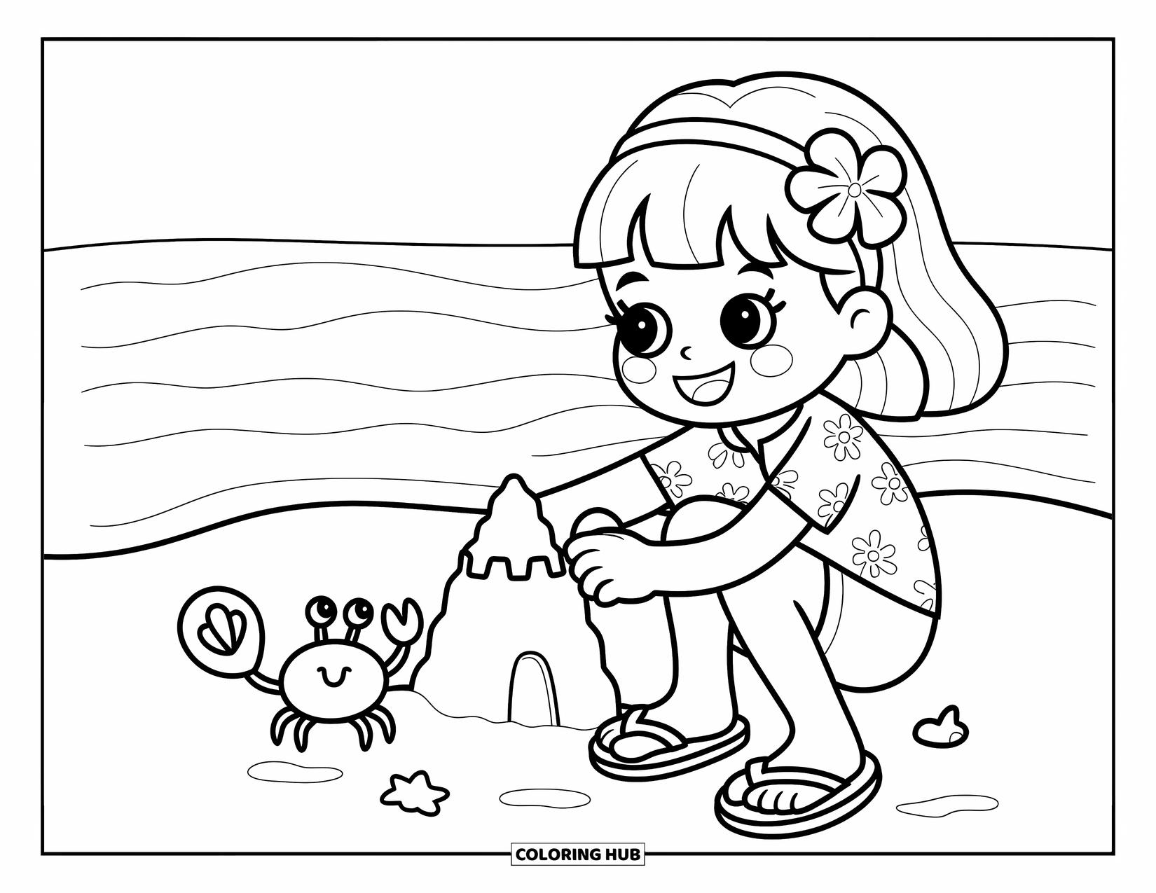 Hawaiiaanse kleurplaat voor volwassenen: Een meisje in een Hawaiiaans shirt dat een zandkasteel bouwt met een krab