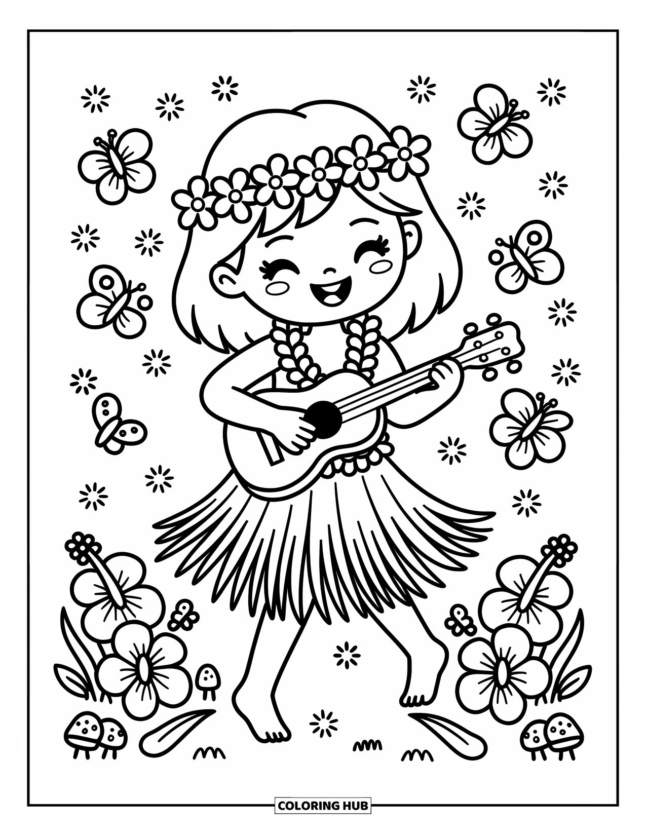 Hawaiiaanse kleurplaat voor volwassenen: Een Hawaiiaans meisje dat ukelele speelt omringd door bloemen en vlinders