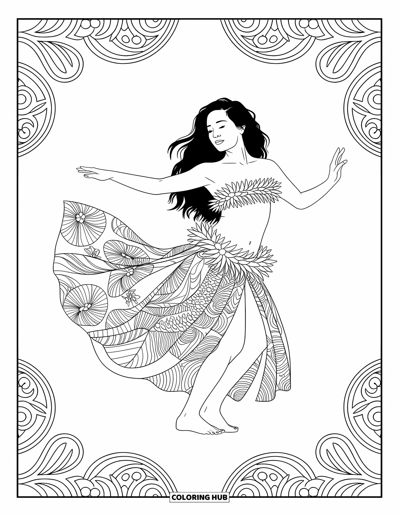 Hawaiiaanse kleurplaat voor volwassenen: Een hula danseres midden in een beweging met ingewikkelde bloemmotieven