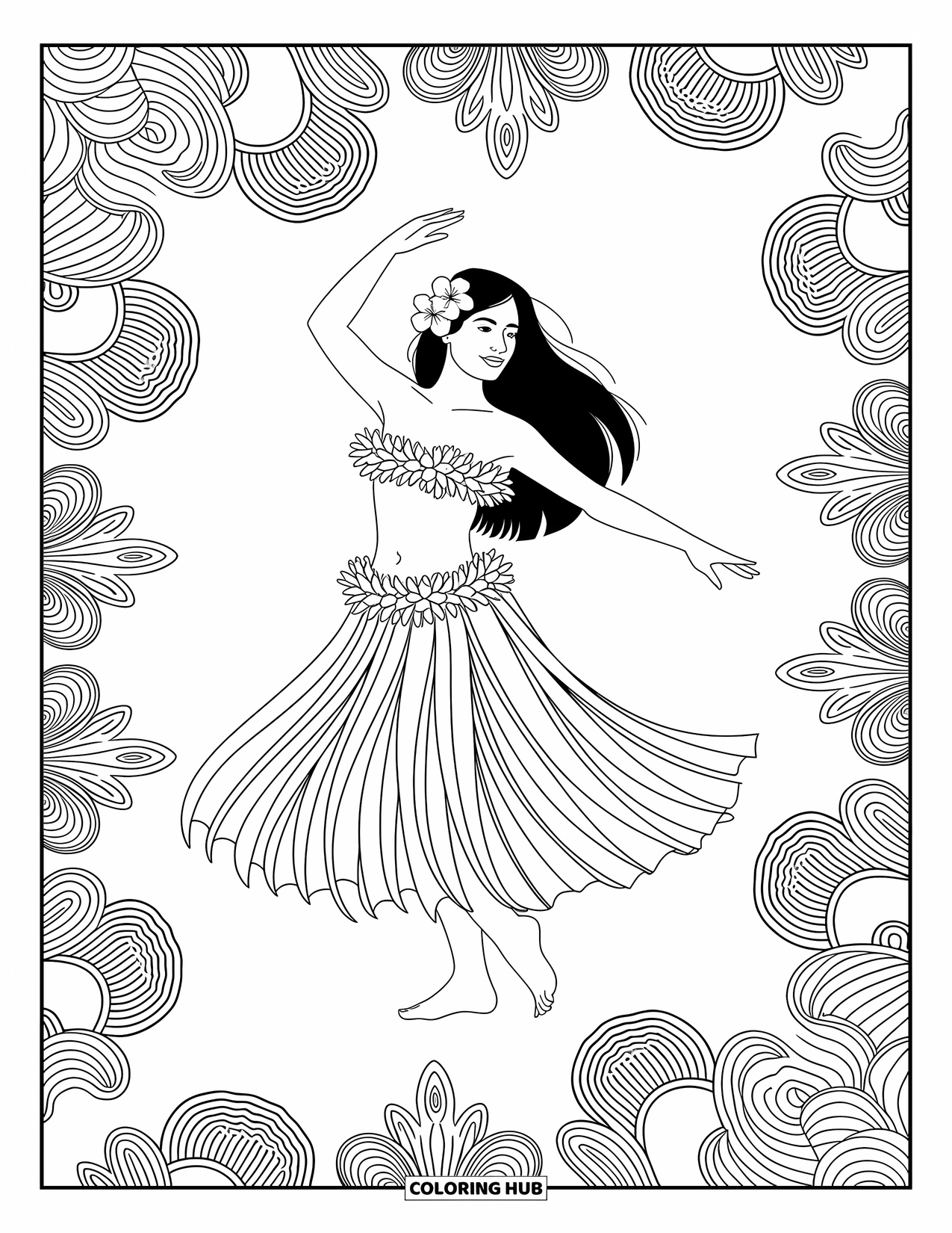 Hawaii Kleurplaat voor volwassenen: Een hula danseres midden in een draai met complexe bloemmotieven