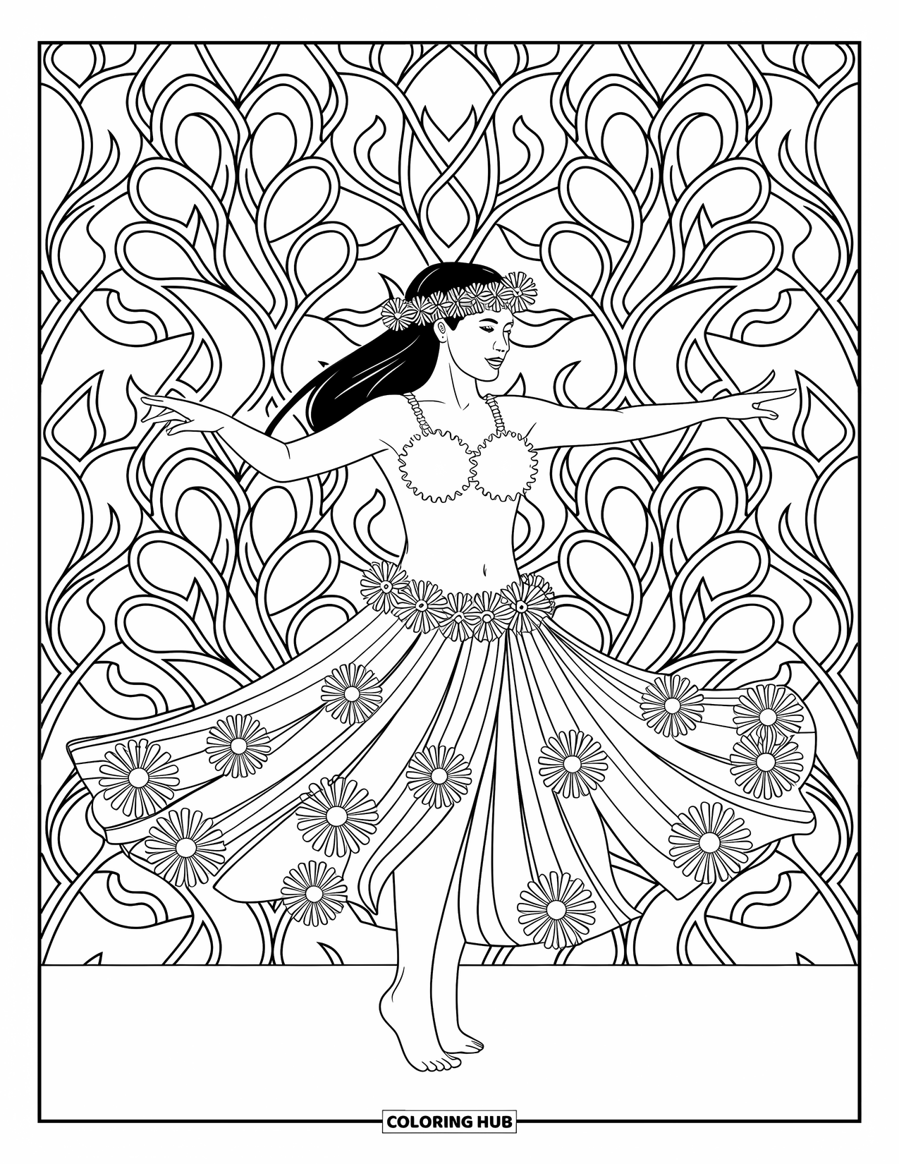 Hawaiiaanse kleurplaat voor volwassenen: Een hula danseres die draait met gedetailleerde bloemmotieven