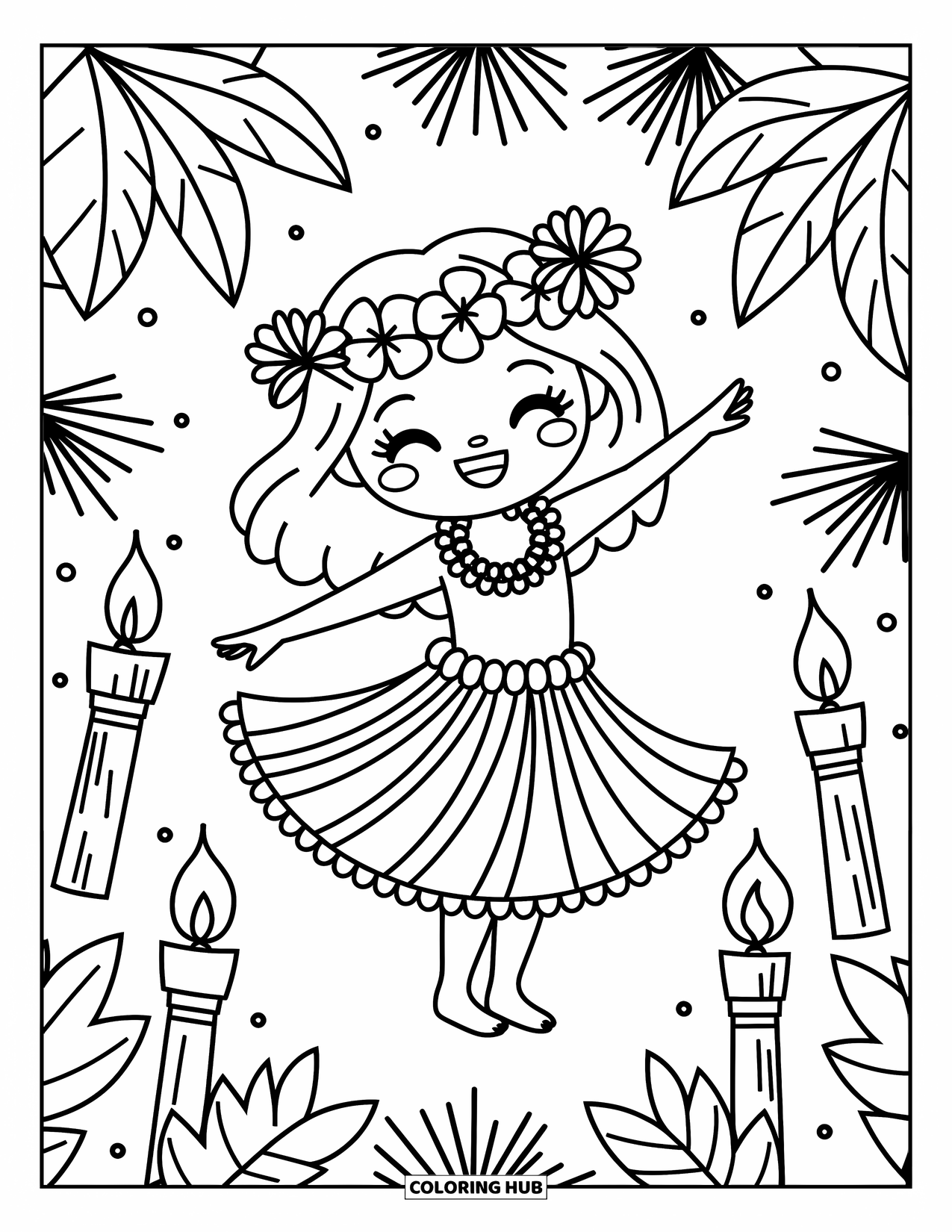 Hawaiiaanse kleurplaat voor volwassenen: Een hula danseres die draait met bloemen en tiki fakkels