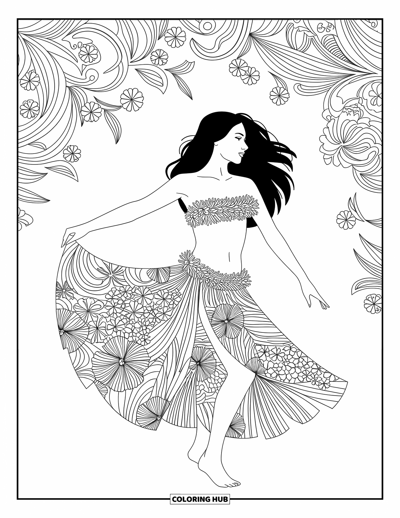 Hawaiiaanse kleurplaat voor volwassenen: Een hula danseres met een bloemenrok en gedetailleerde patronen