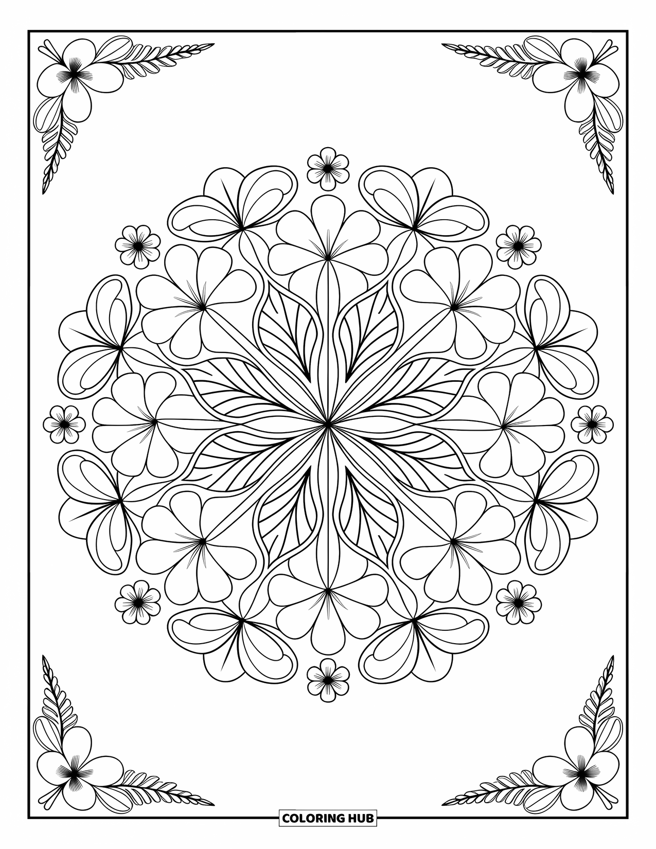 Hawaii Kleurplaat voor volwassenen: Een mandala versierd met hibiscus- en plumeriabloemen