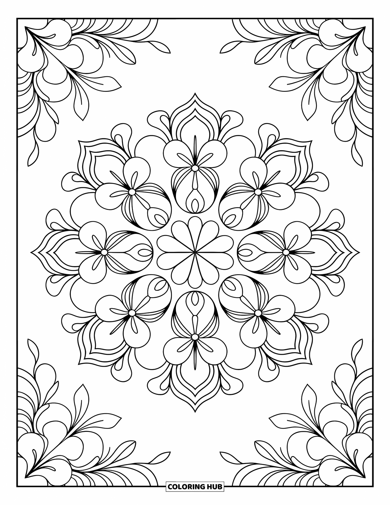 Hawaiiaanse kleurplaat voor volwassenen: Een mandala met hibiscus en plumeria met delicate patronen