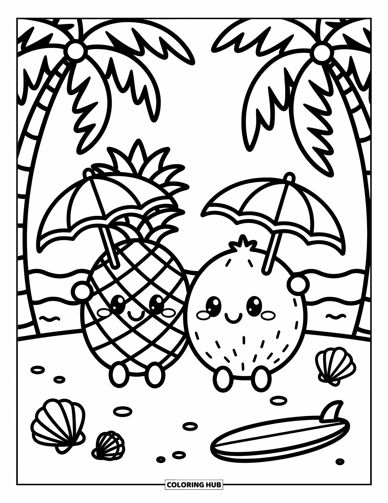 Hawaiiaanse kleurplaat voor volwassenen: Een ananas en kokosnoot die genieten van een strandpicknick met parasols