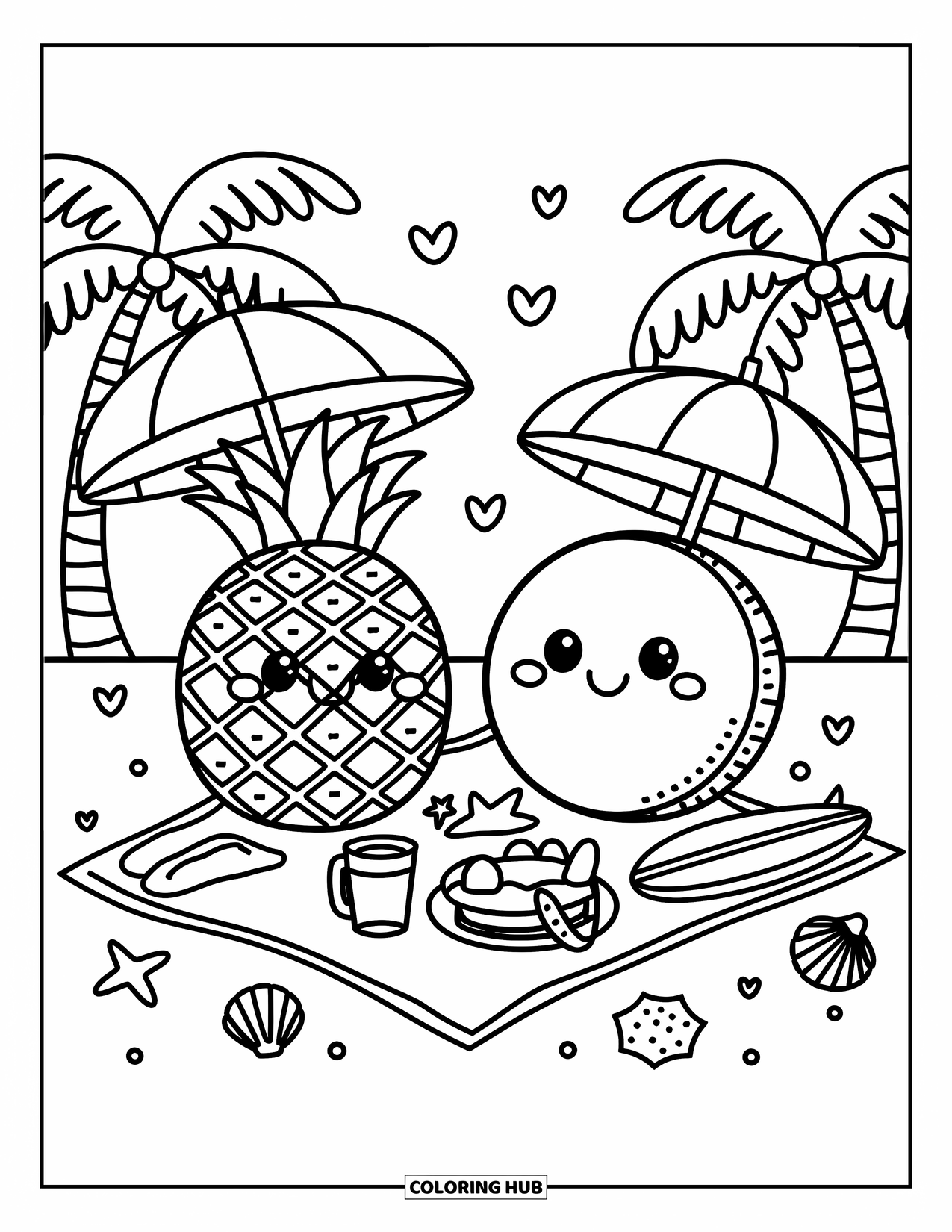 Hawaiiaanse kleurplaat voor volwassenen: Een ananas en kokosnoot met parasols die een strandpicknick houden