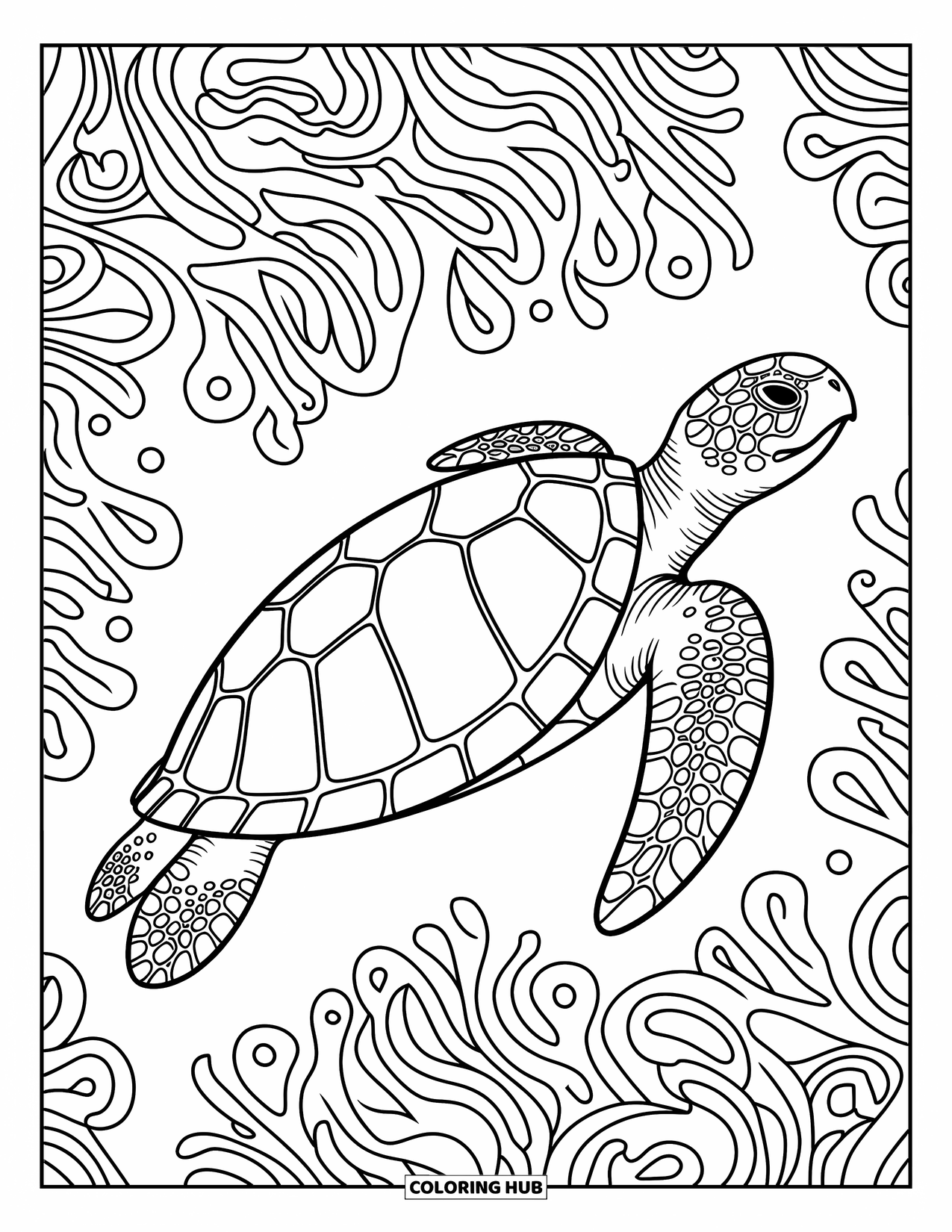 Hawaii Kleurplaat voor volwassenen: Een zeeschildpad die tussen koraal glijdt met ingewikkelde patronen