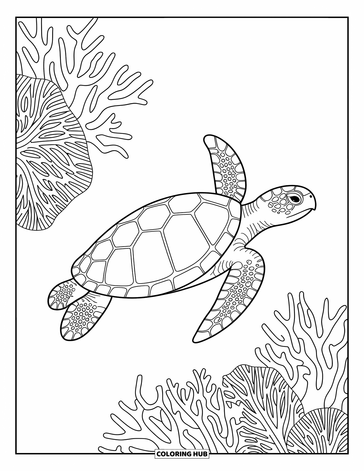 Hawaii Kleurplaat voor volwassenen: Een zeeschildpad die zwemt door gedetailleerd koraal en oceaanpatronen