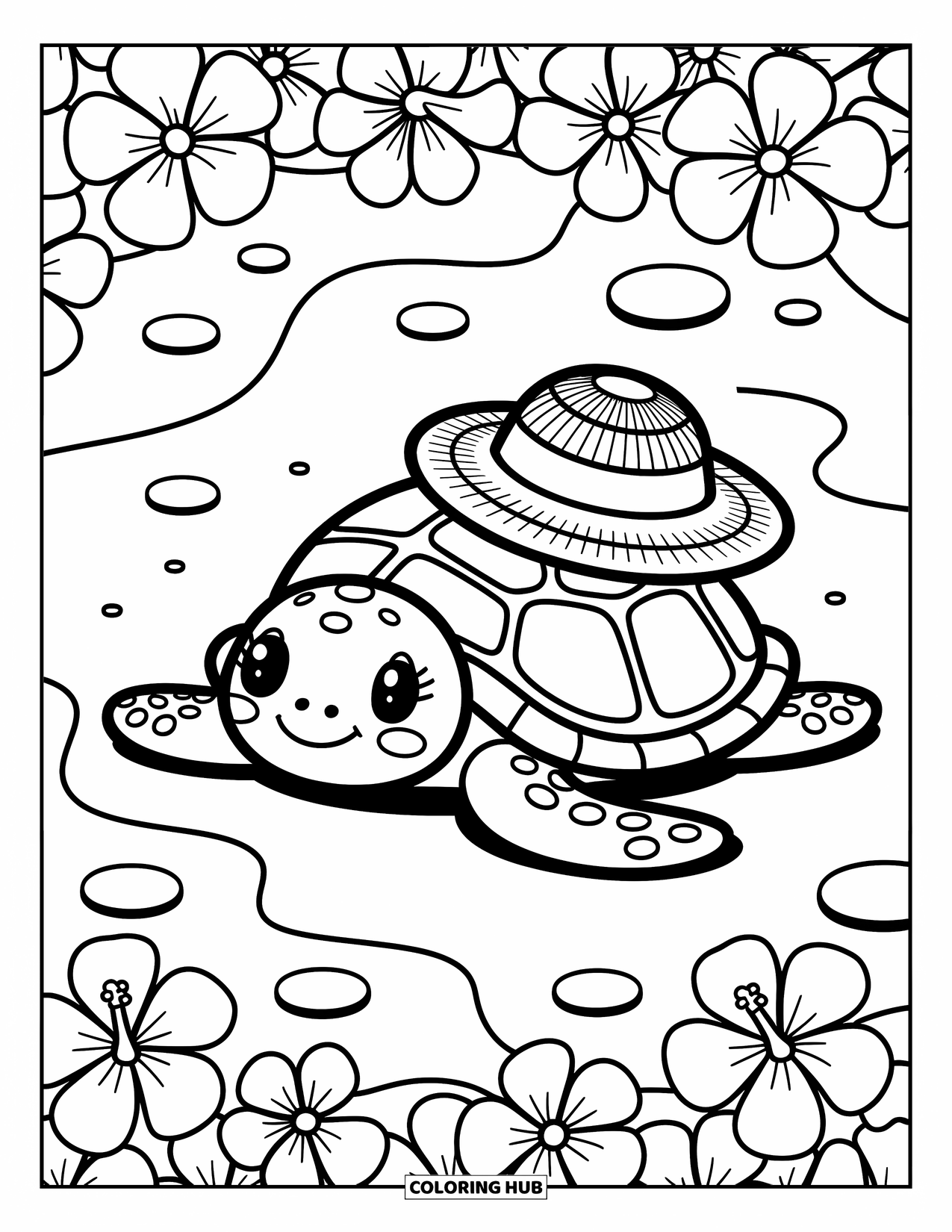 Hawaiiaanse kleurplaat voor volwassenen: Een zeeschildpad die een strohoed draagt tussen hibiscusbloemen