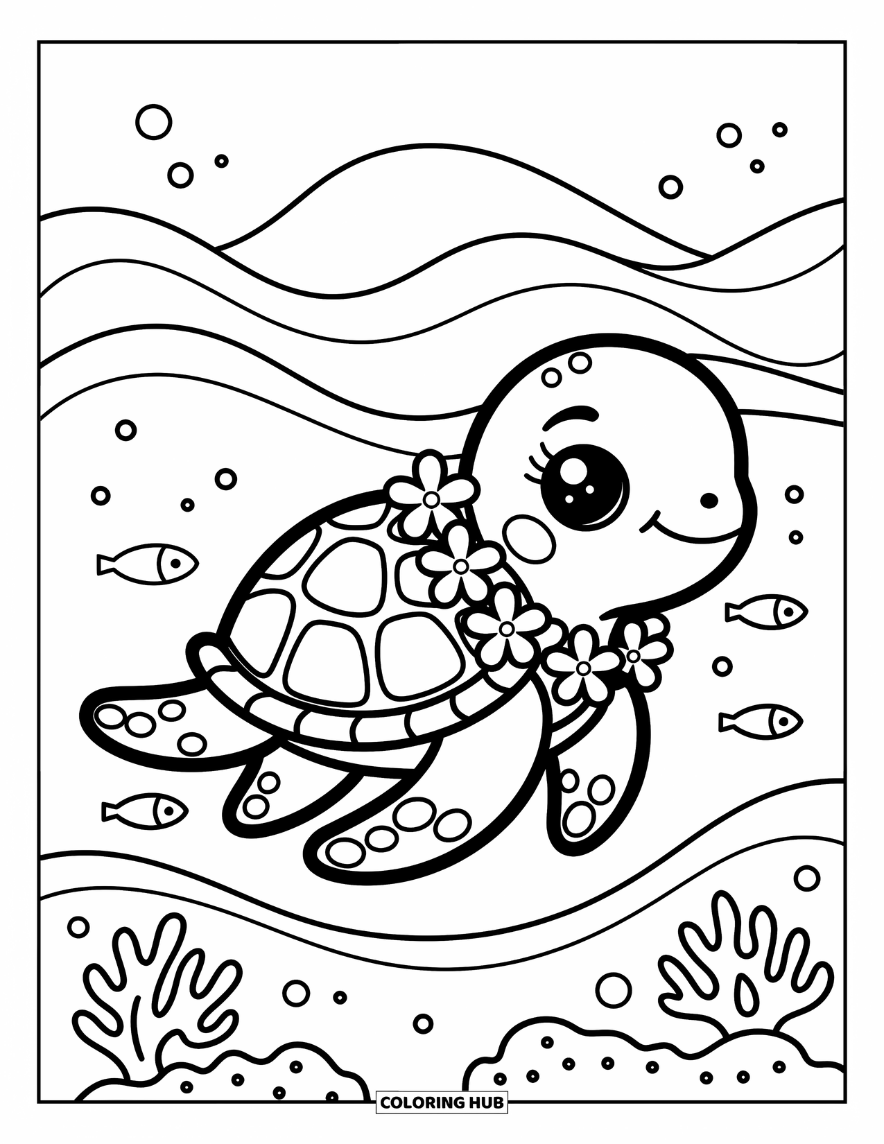 Hawaiiaanse kleurplaat voor volwassenen: Een zeeschildpad met een bloemenlei die door de oceaangolven glijdt