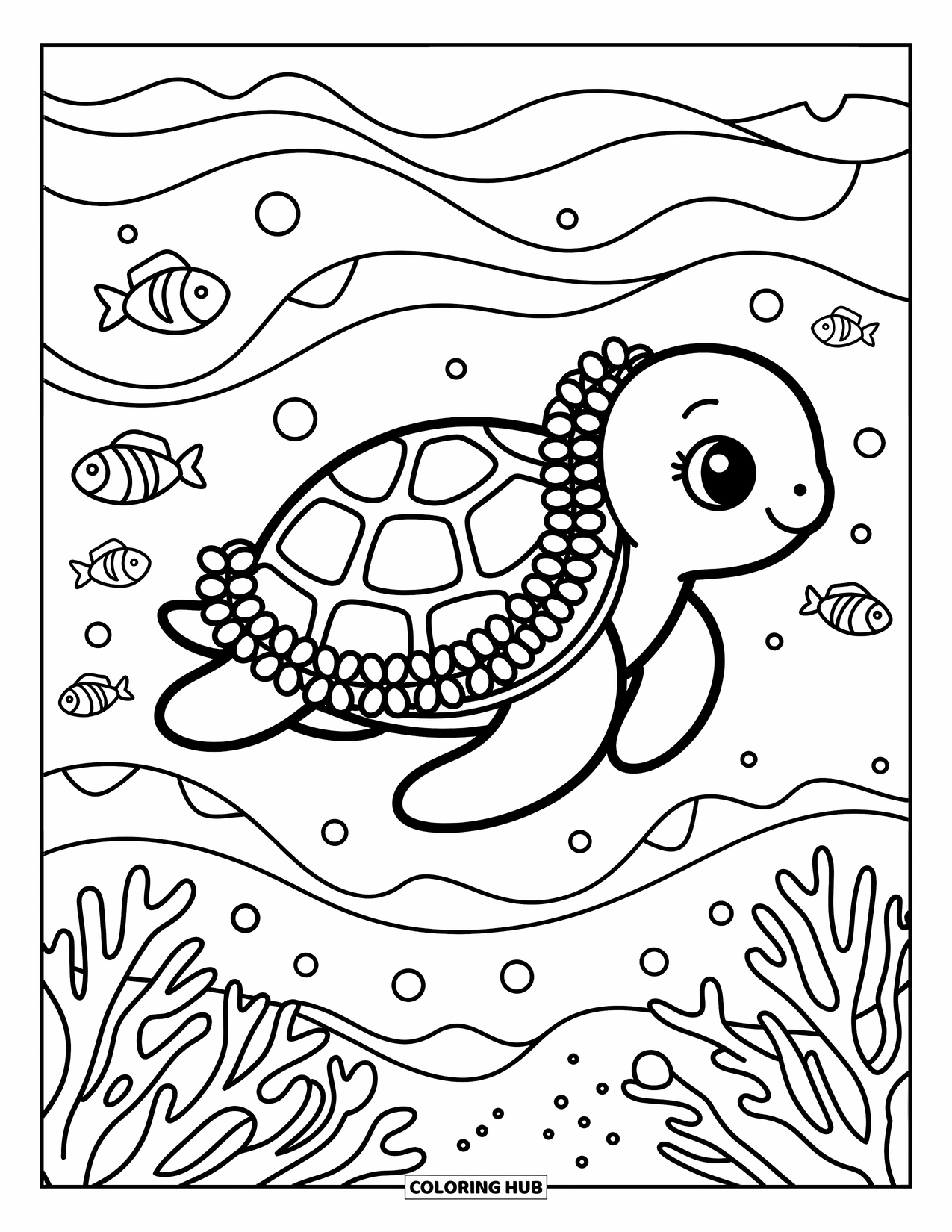 Hawaiiaanse kleurplaat voor volwassenen: Een zeeschildpad met een bloemenlei die langs koraalriffen zwemt