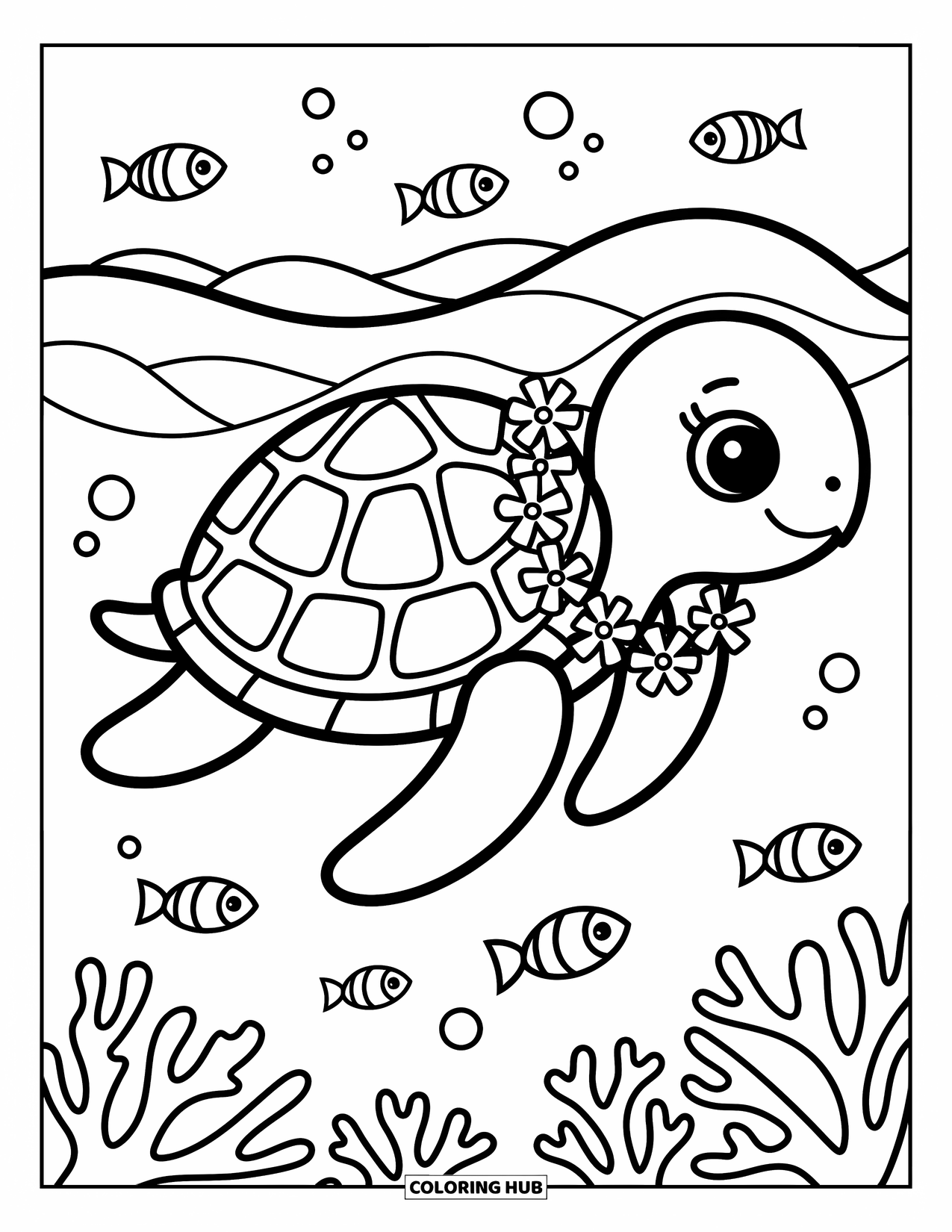 Hawaiiaanse kleurplaat voor volwassenen: Een zeeschildpad met een lei omringd door kleine vissen en koraal
