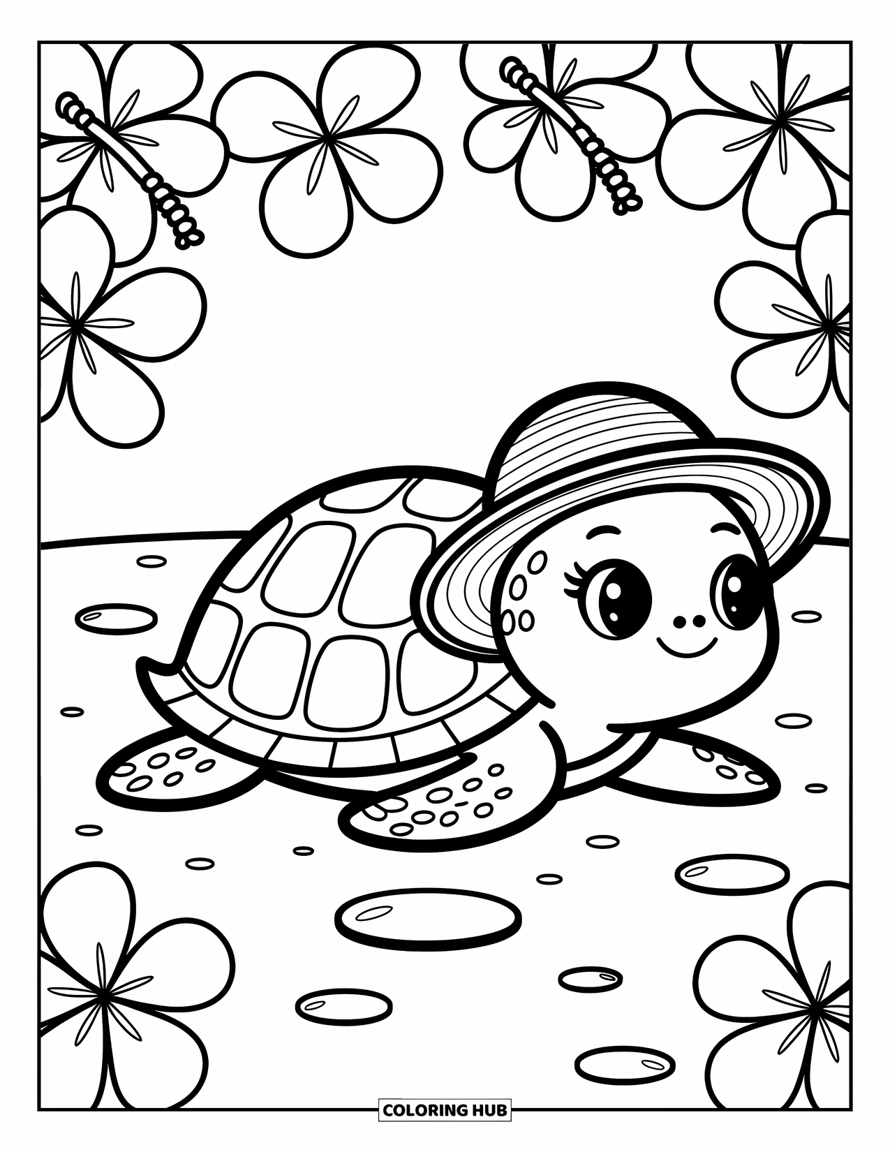 Hawaiiaanse kleurplaat voor volwassenen: Een zeeschildpad met een strohoed op een zandstrand