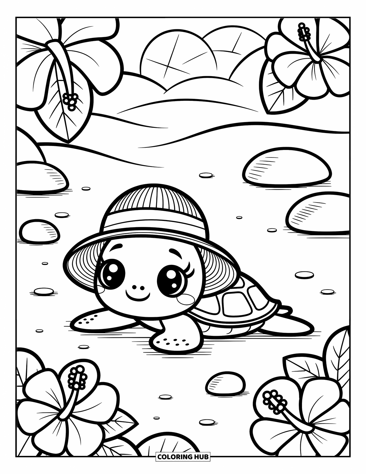 Hawaiiaanse kleurplaat voor volwassenen: Een zeeschildpad met een klein strohoedje dat op het strand rust