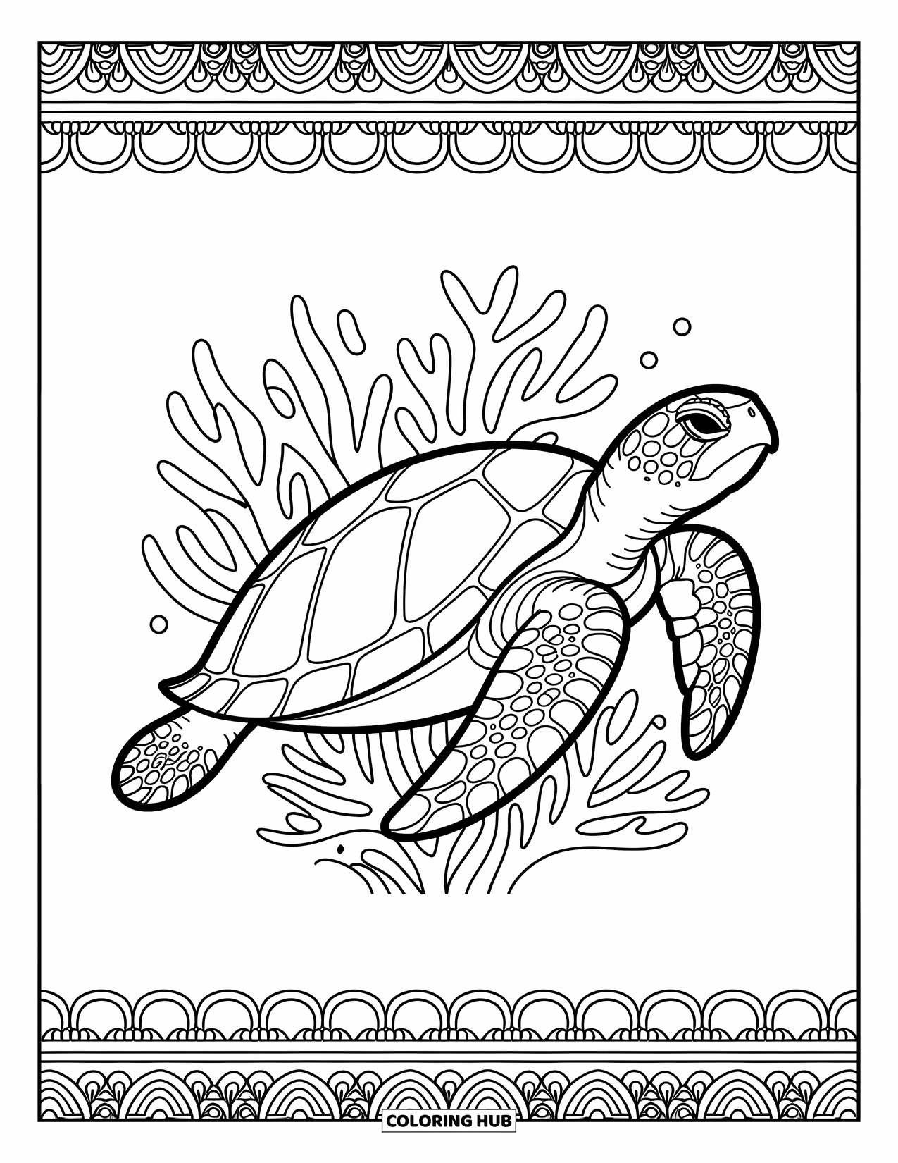 Hawaiiaanse kleurplaat voor volwassenen: Een zeeschildpad met gedetailleerd koraal en oceaanontwerpen