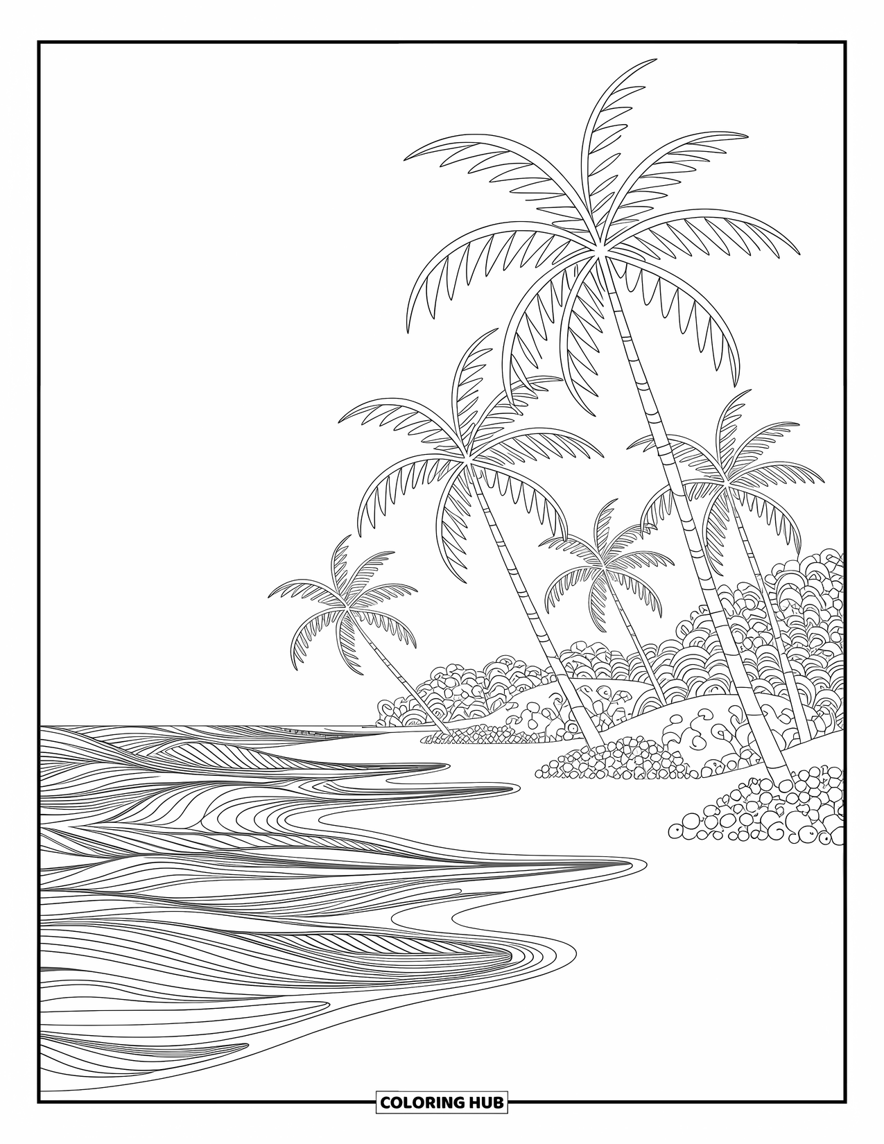 Hawaiiaanse kleurplaat voor volwassenen: Een sereen Hawaiiaans strand met wuivende palmbomen en golven