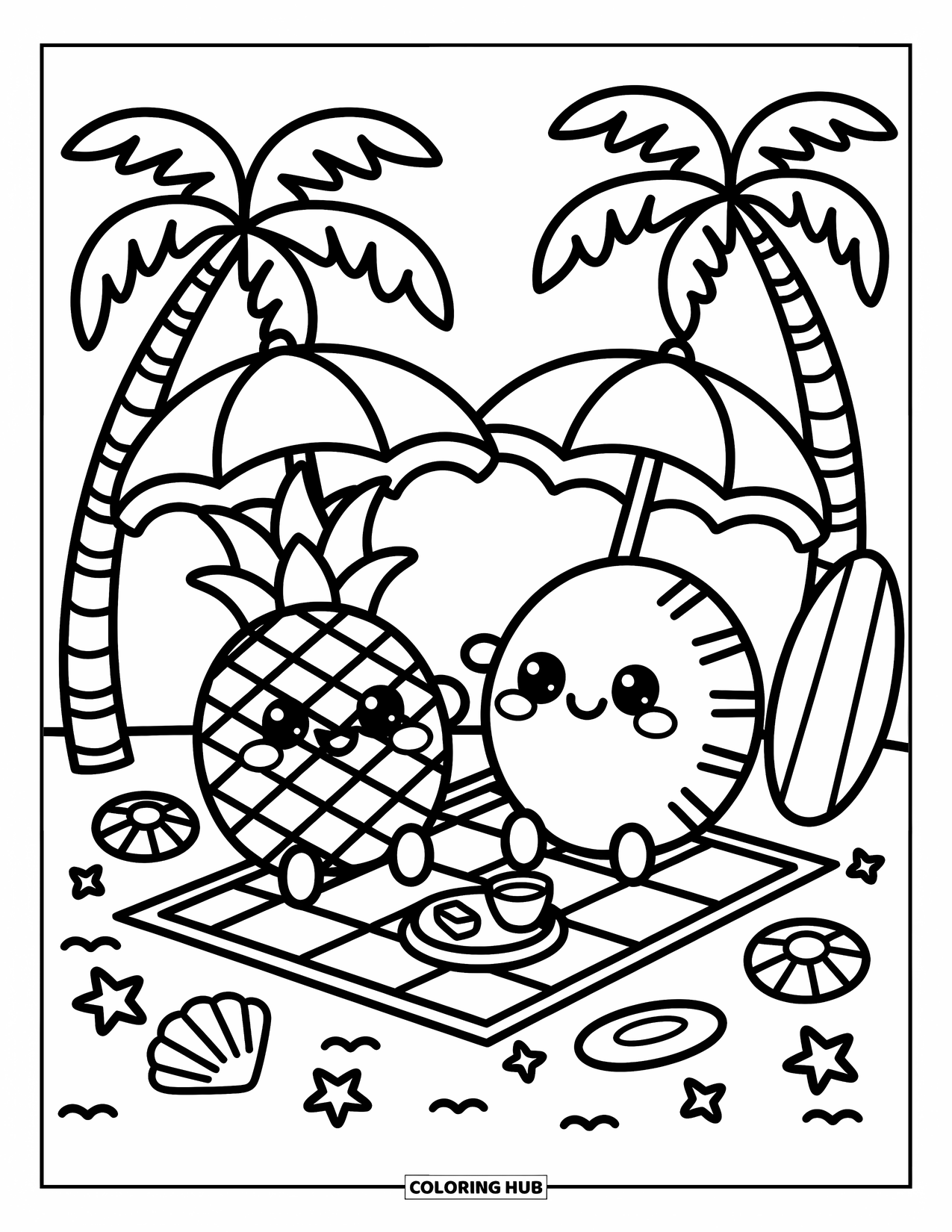 Hawaiiaanse kleurplaat voor volwassenen: Een glimlachende ananas en kokosnoot met kleine parasols op het strand