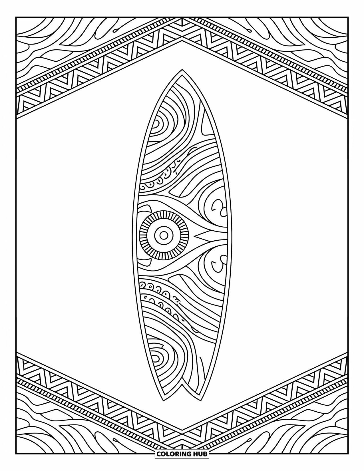 Hawaii Kleurplaat voor volwassenen: Een surfplank versierd met ingewikkelde tribale en golfpatronen
